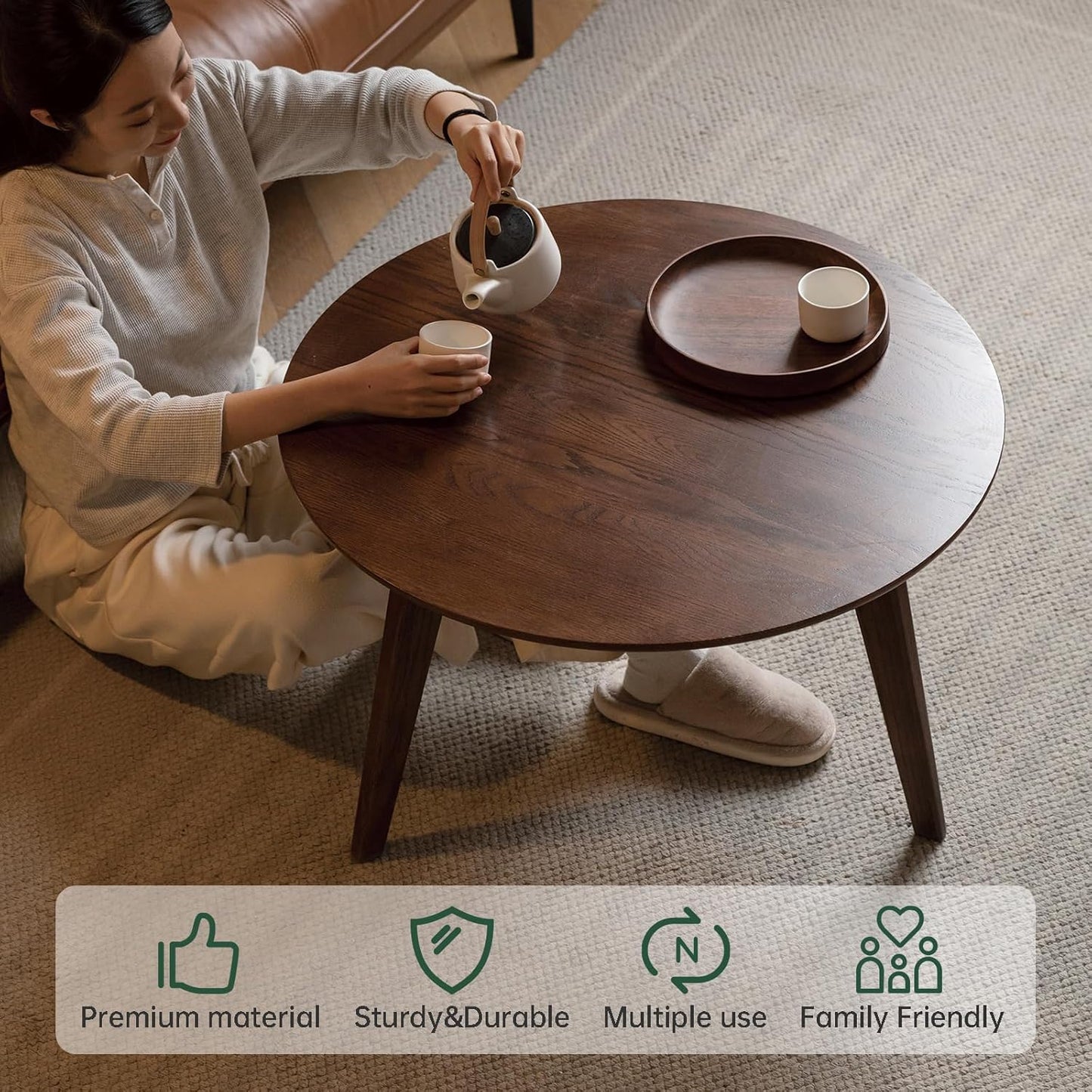 100% Solid Oak Wood Mini Coffee Table, Round Side Table w/Solid Wood Legs, Walnut Mid Century Coffee Table w/Sturdy Frame for Bedroom Balcony Living Room (29.53" D x 17.72" H)