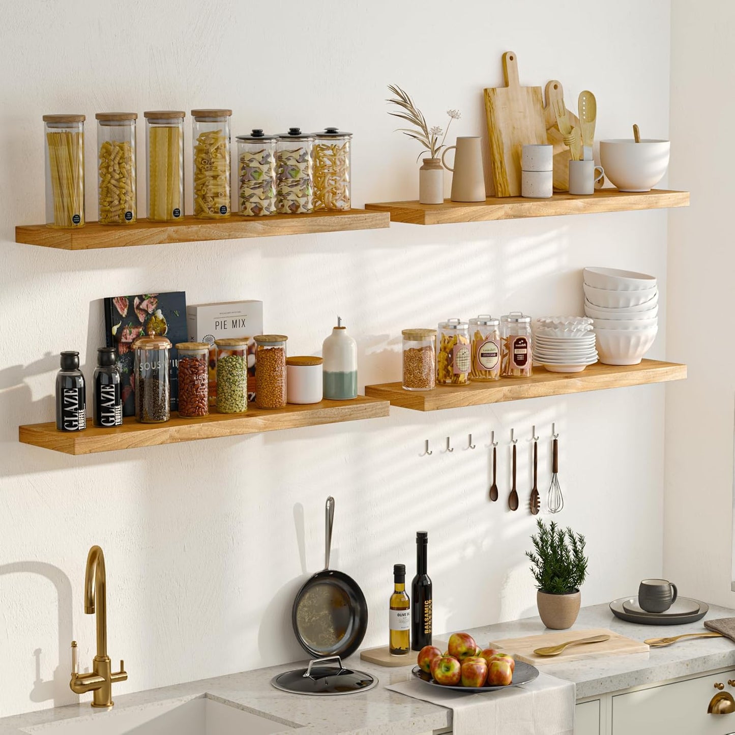 55 Inch Floating Shelves for Wall, Elm Wood Floating Shelves for Home Décor, Wall-Mounted Display Shelves with Heavy-Duty Bracket, Live Edge Long Floating Shelf for Kitchen, Living Room, Natural