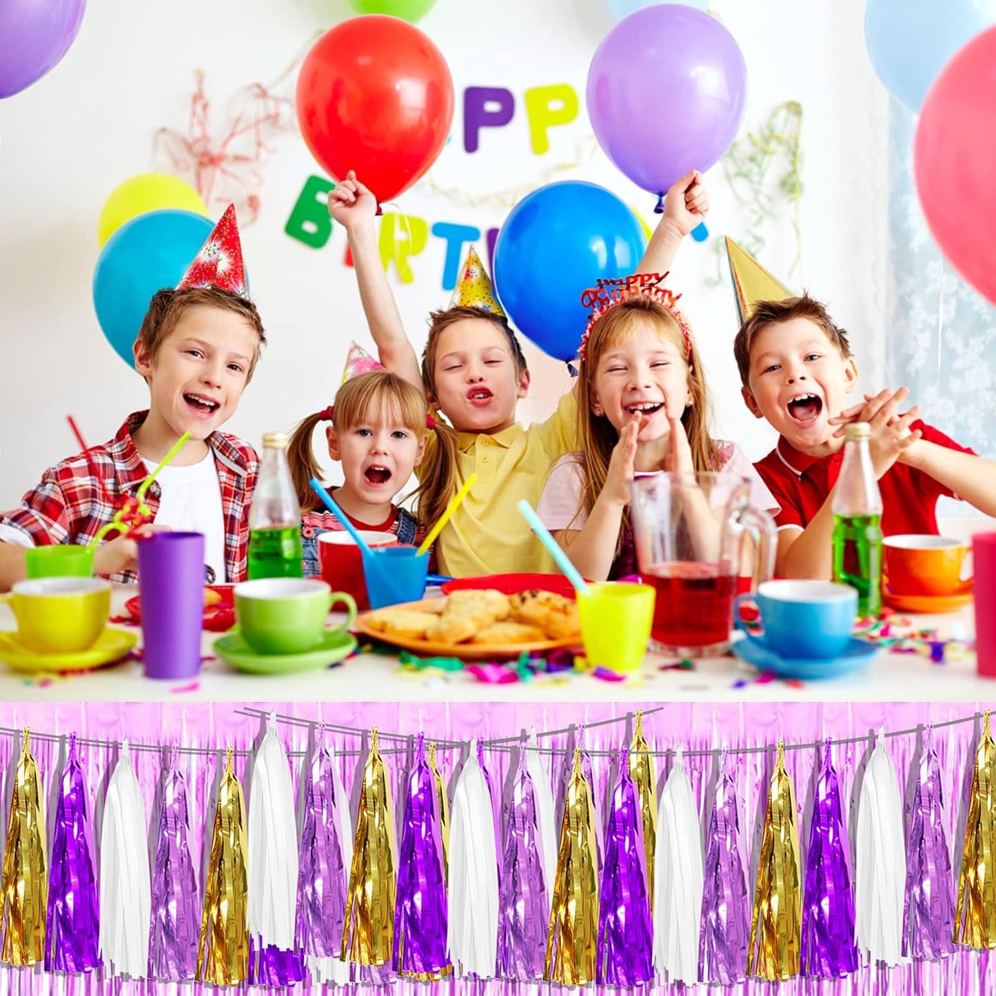 4P Purple-Gold Foil Fringe Metallic Tassel Garland, Tassels Banner Streamers for Parade Floats, Bachelorette, Wedding, Birthday, Halloween, Christmas, Bridal/Baby Shower Party Decorations