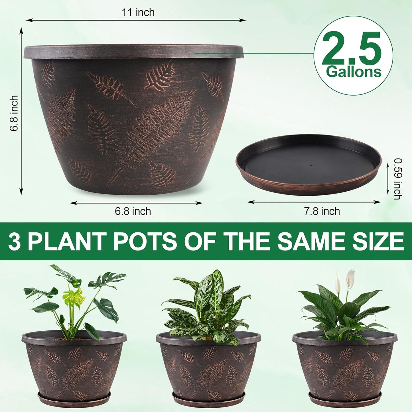 11 inch Plant Pot, 3 Pack Large Pots for Plants, Flower Pots with Drainage Hole & Saucer, Modern Planters for Indoor Outdoor Plants, Decorative Plastic Garden Pots (Copper)