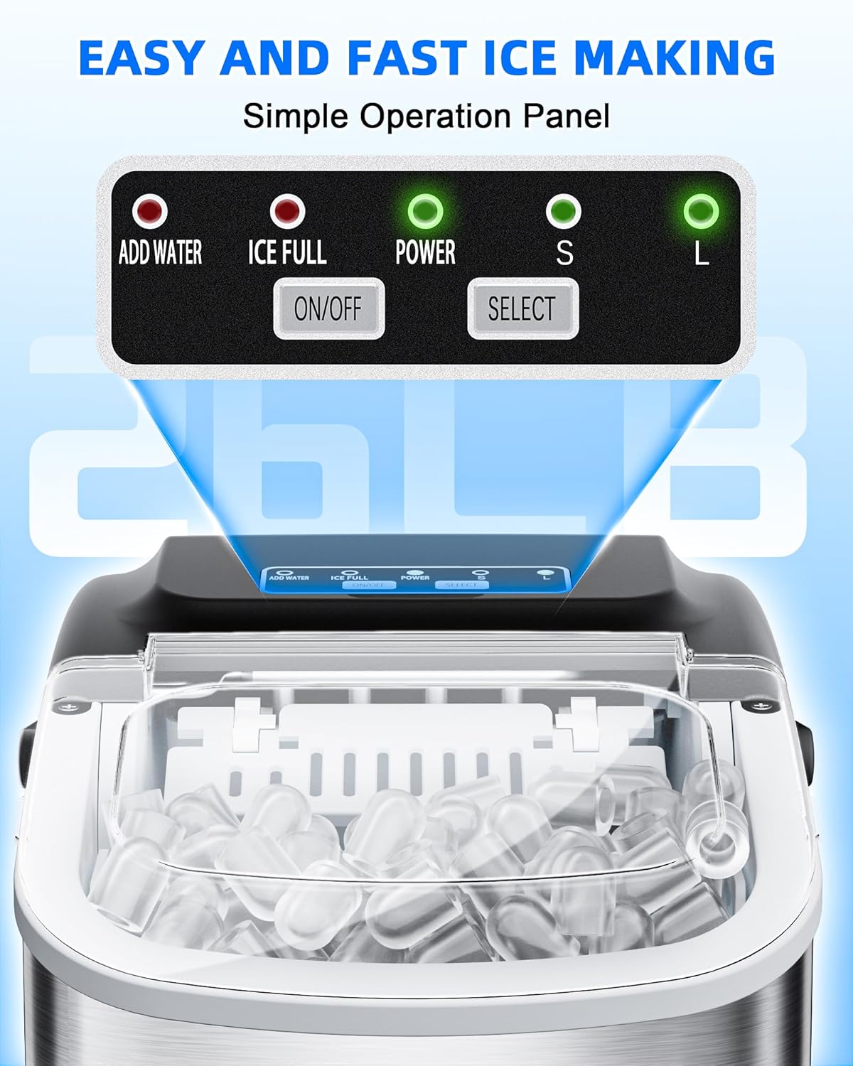 Ice Maker Machine Countertop 26lbs/24H, Portable Quiet Ice Makers Cubes in 9PCS/7Min, Self Cleaning, Ice Maker with Scoop for Kitchen, Home, Party