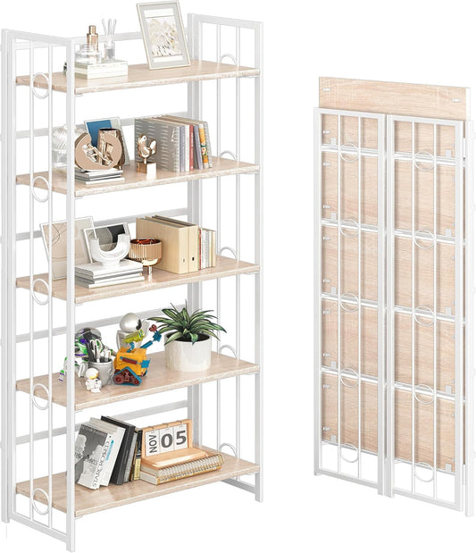 4NM No Assembly 5 Tiers Folding Bookshelf, 59.4" H Foldable Storage Shelves Vintage Bookcase Standing Racks Study Organizer Home Office - Natural White