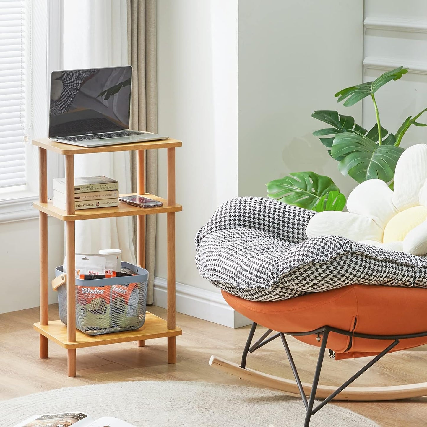 IBUYKE 3-Tier Side Table, Solid Wood Tall End Table with Storage Shelves, Nightstand Bedside Table for Living Room Bedroom Office, No-Tool Assembly, Natural UWST003N