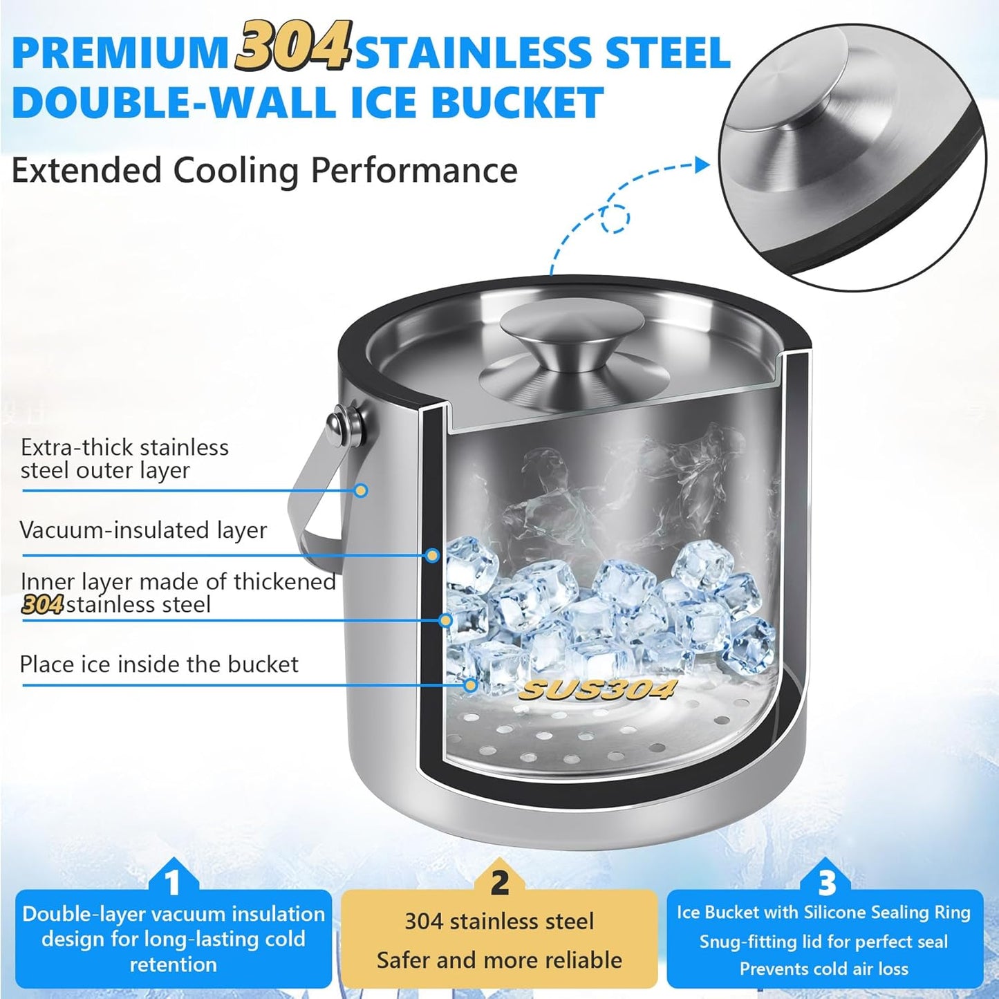 Ice Bucket, Ice Bucket with Silicone Sealing Ring Double-Wall Vacuum Insulation Champagne Buckets with Filter Layer Ice Tongs Ice Scoop (Silver, 4 L)