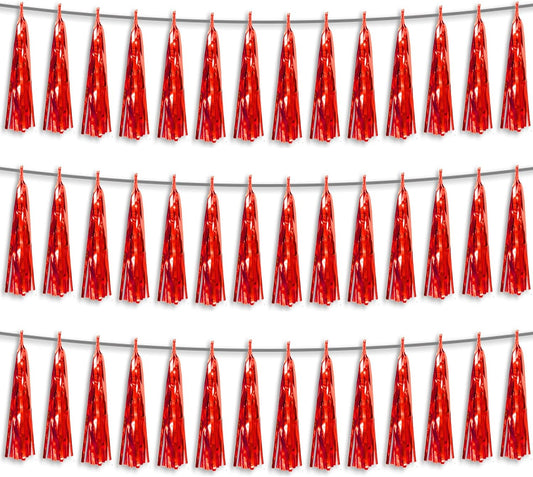 3P Red Foil Fringe Metallic Tassel Streamers Banner Tassel Garland for Parade Floats, Bachelorette, Wedding, Birthday, Halloween, Christmas, Bridal/Baby Shower Party Decorations