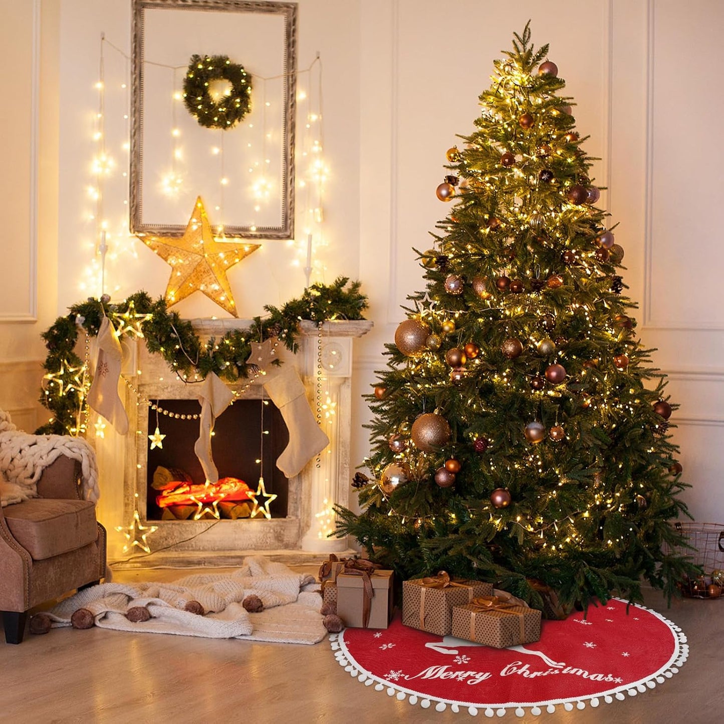 36 Inch Christmas Tree Skirt, Burlap Red Christmas Rustic Tree Skirt with Elk Deer and White Snowflake Printed for Holiday Party Xmas Tree Decoration