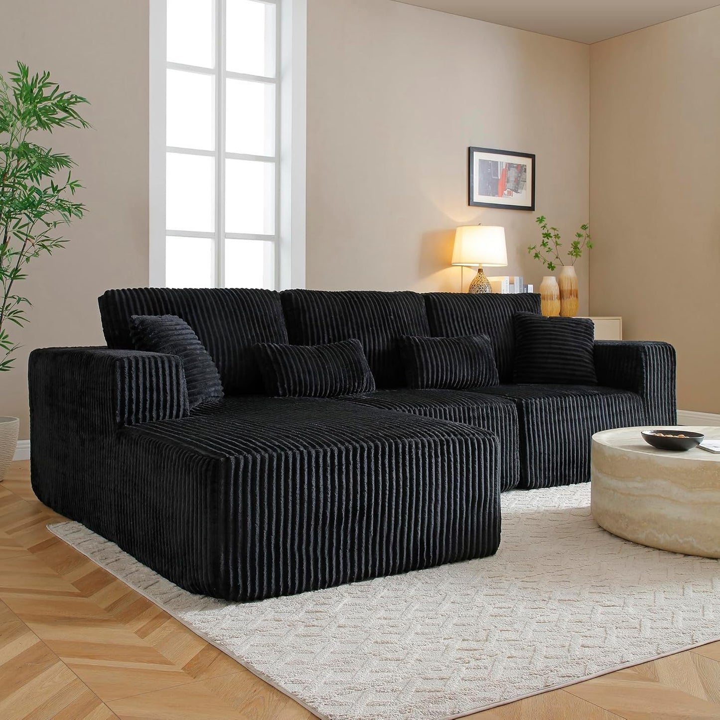 HYJT-H&K Modular Sectional Sofa Cloud Sectional Couch, 107" Comfy Fluffy L Shaped Dark Black Couches for Living Room, Deep Seat Memory Foam Plush Corduroy Boneless Couch Sectionals Left Facing Chaise