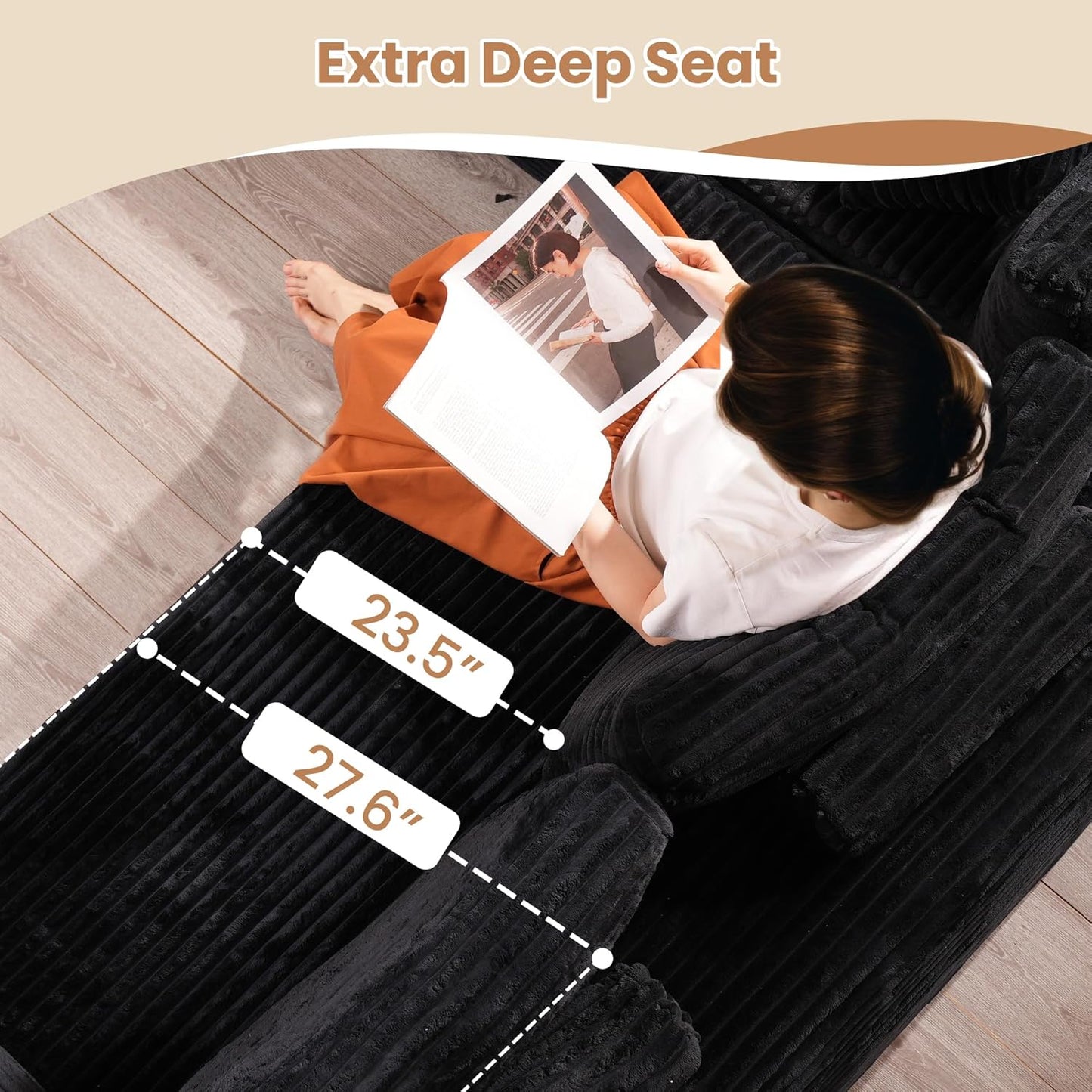 HOOOWOOO Cloud Sectional Couches for Living Room,Modular Sectional Sofa No Assembly,165X110 Inch Plush Corduroy Large U Shaped Floor Couch Set with Deep Seat Chaise Lounge(Black)