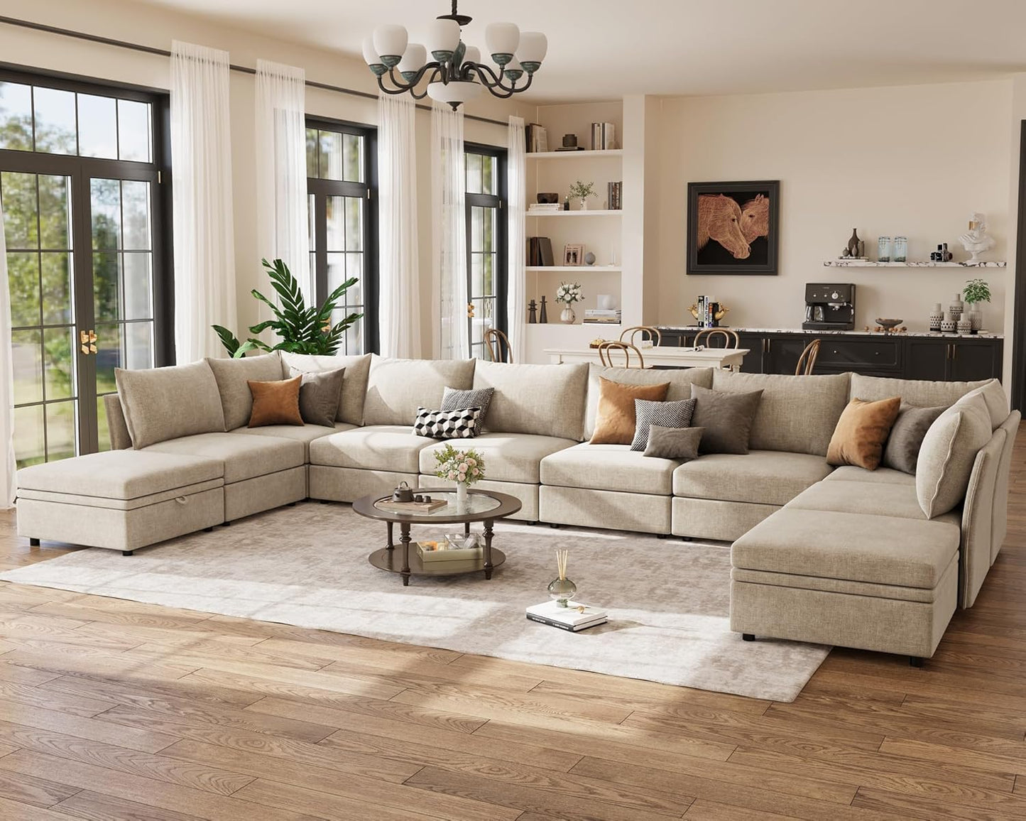 198.6" Oversized Modular Sectional Sofa, U Shaped Convertible Couch with Movable Ottoman, Large 10 Seats Corner Couches for Living Room Deep Seat Beige Chenille