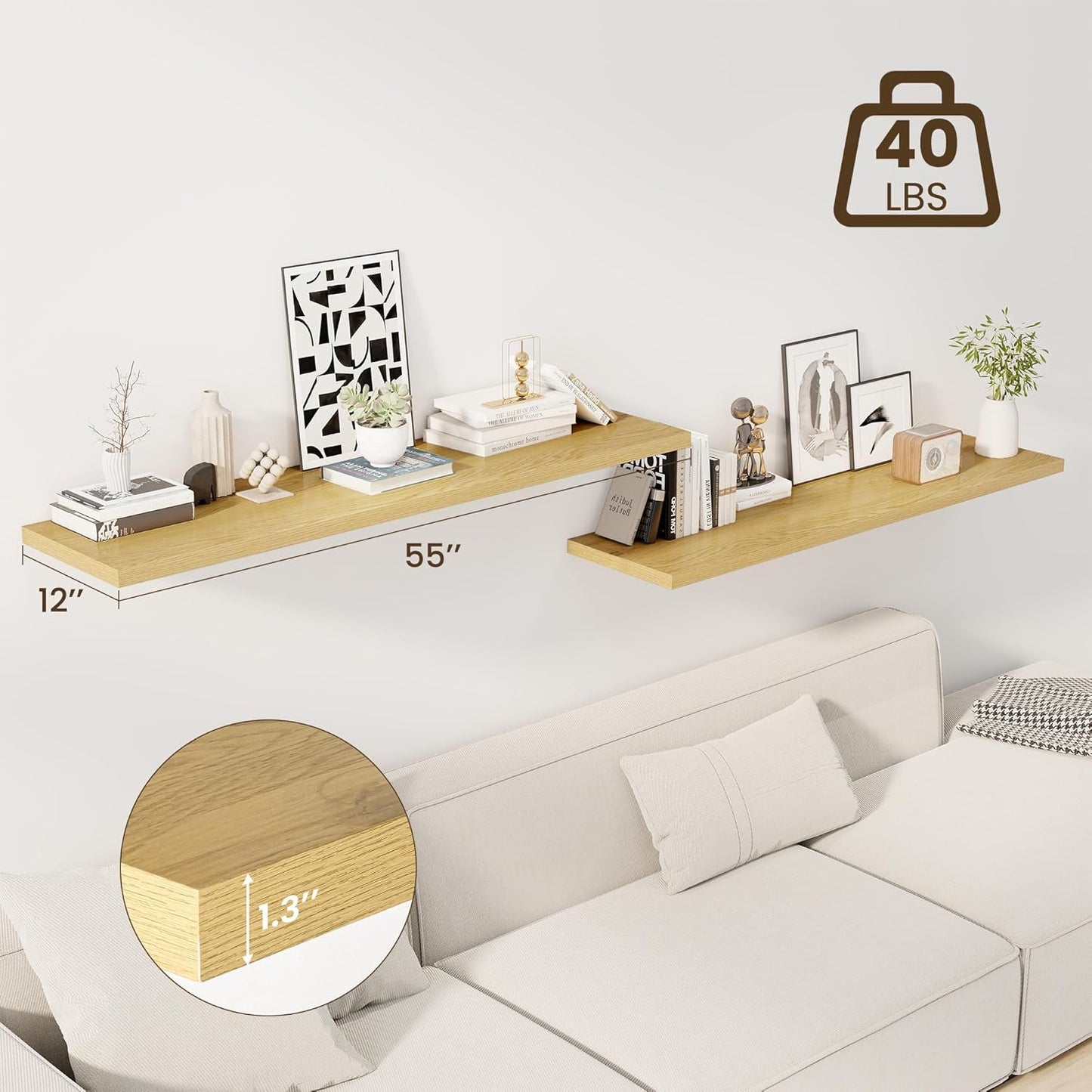 55" Floating Shelves for Wall, 12" Deep Slim Oak Floating Shelves, Wall-Mounted Shelves for Bedroom, Living Room, Kitchen, Bathroom - Set of 2