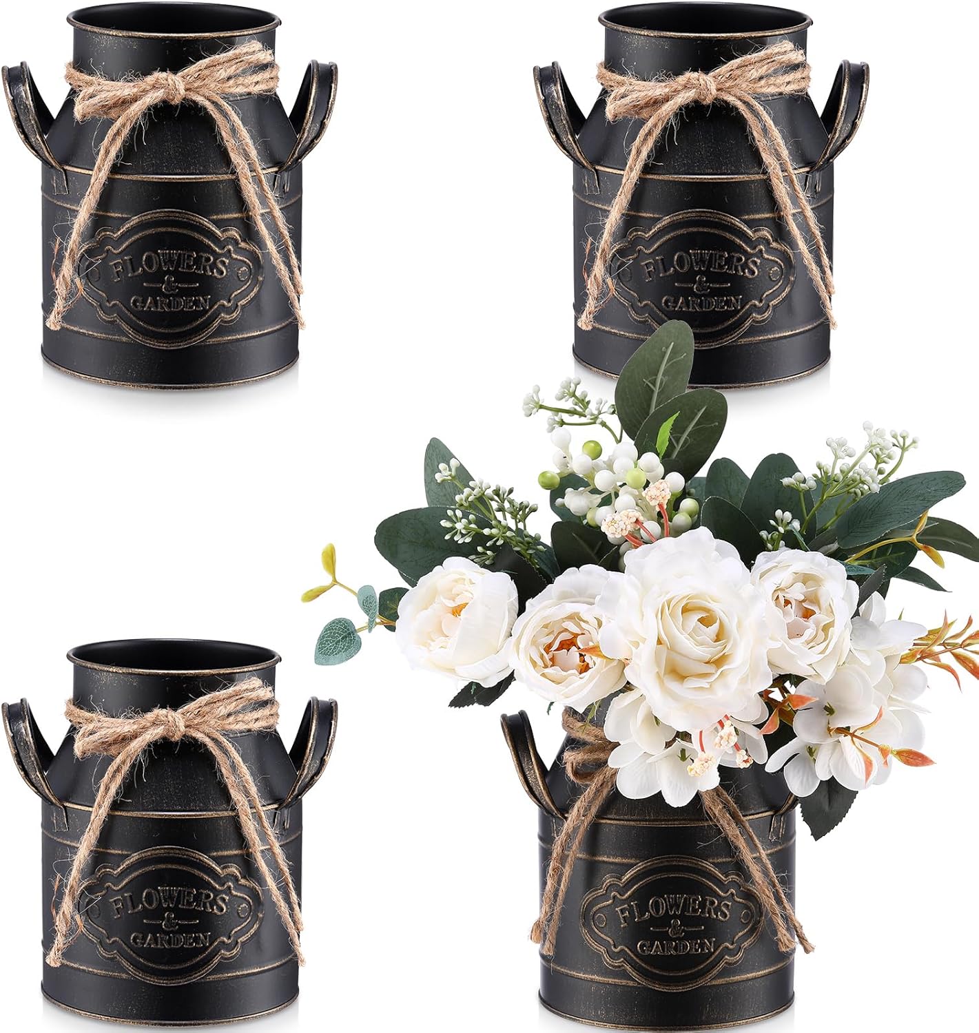 6 Inch Farmhouse Vase Decor Milk Can Vintage Flower Jug Galvanized Metal Vase with Handle Rustic Flower Buckets for Thanksgiving Christmas Table Centerpiece Weddings Gifts(Black,4 Pcs)