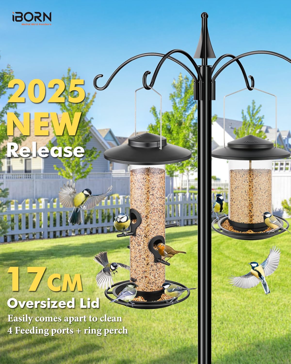 iBorn Metal Bird Feeders for Outdoors, 2LB Bird Seed Feeder 17cm Large Roof &Tray, 4 Feeding Ports, Black Finish