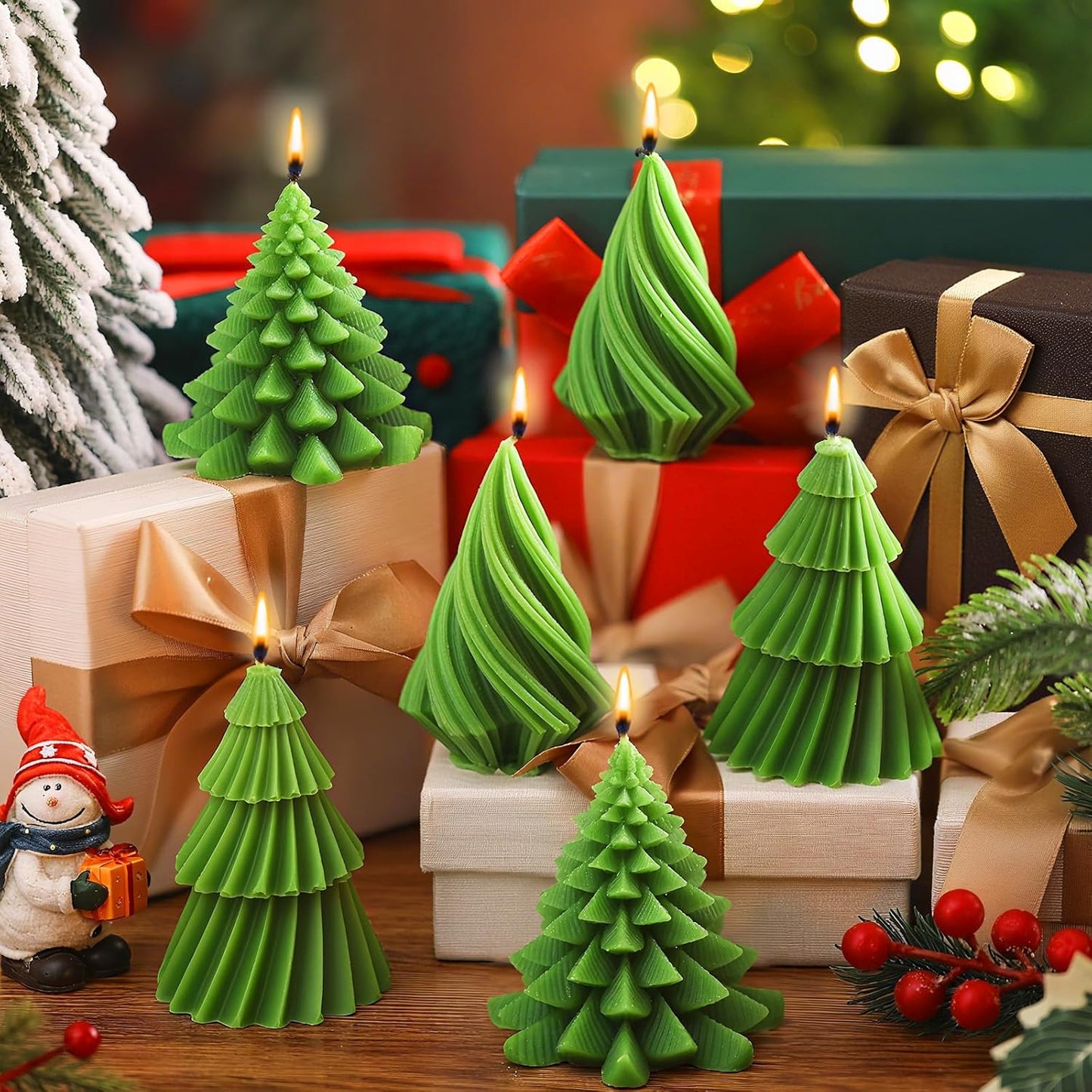 6 Pcs Christmas Tree Shaped Candles Xmas Wax Scented Candles Green Decorative Christmas Tree Gifts for Xmas Eve Winter Holiday Party New Year Bedroom Room Table Decor, 5 Mixed Styles