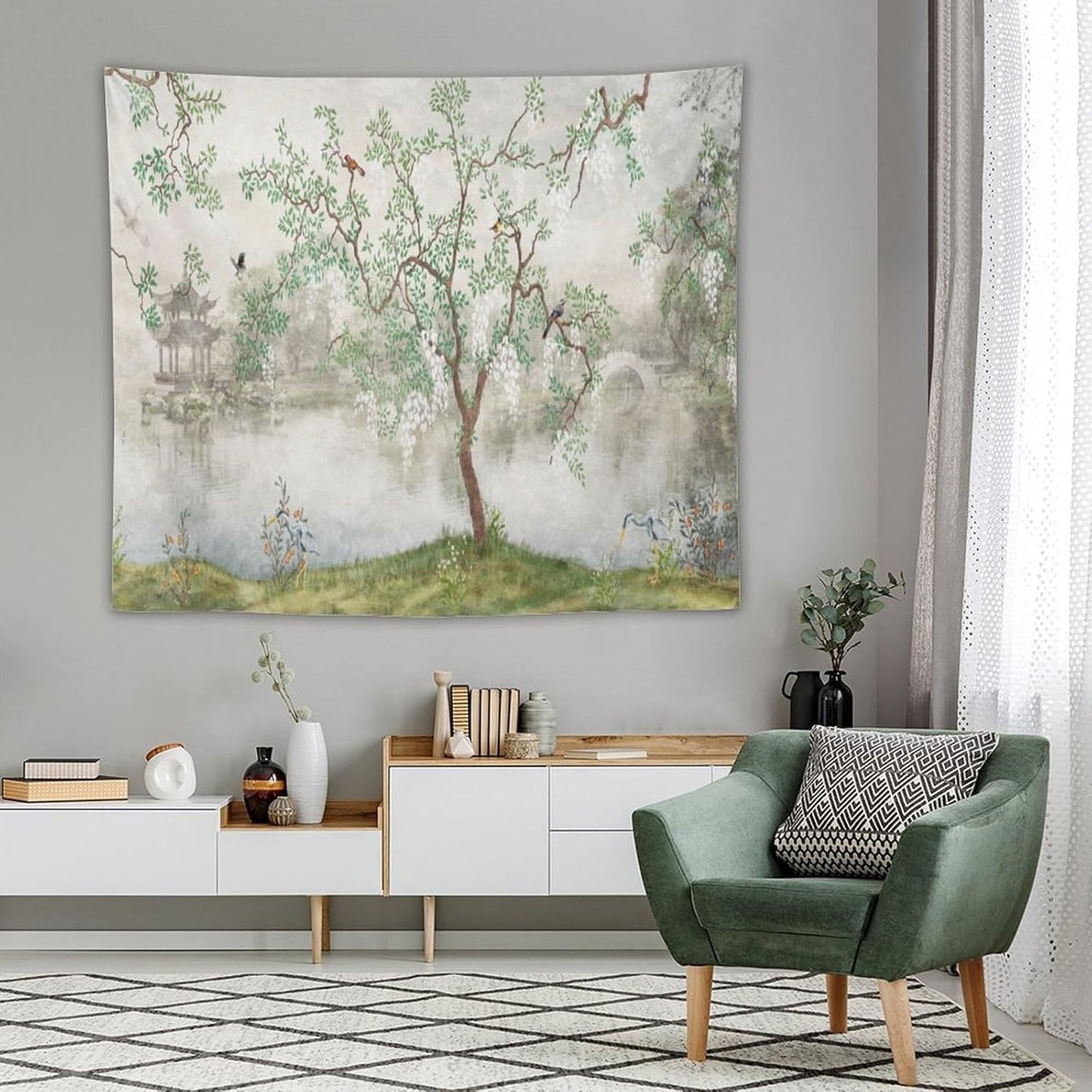 HZOHNAGO Japanese Tapestry Tree Misty Garden Lake Printed Wall Tapestry Ink Painting Wall Hanging for Bedroom Living Room Dorm 60" W x 50" H