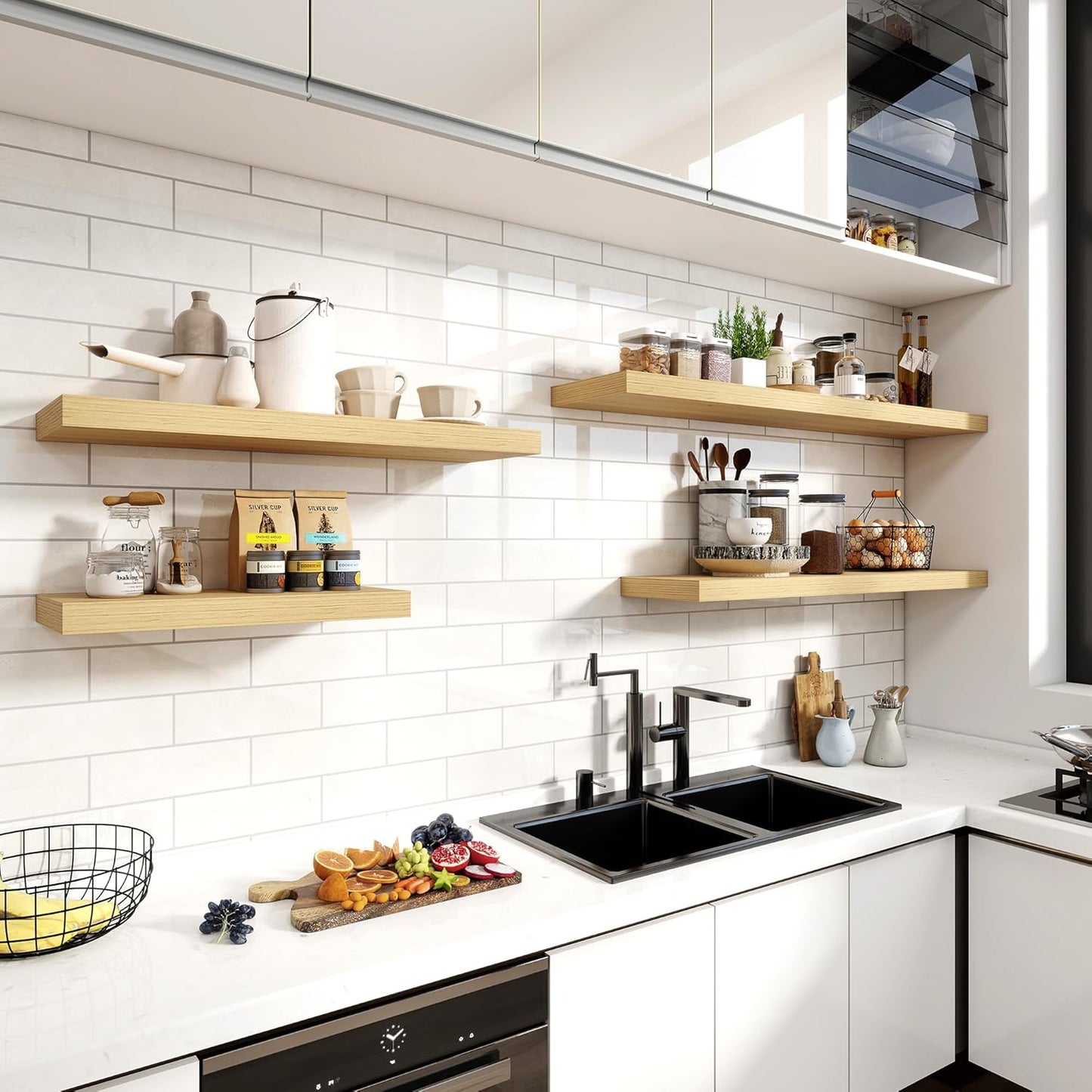 55 Inch Floating Shelves, 11.6 Inch Deep Floating Shelves for Wall, Floating Shelf with Invisible Brackets, Deep Shelves for Bathroom, Bedroom, Living Room, 1 Pack, Natural