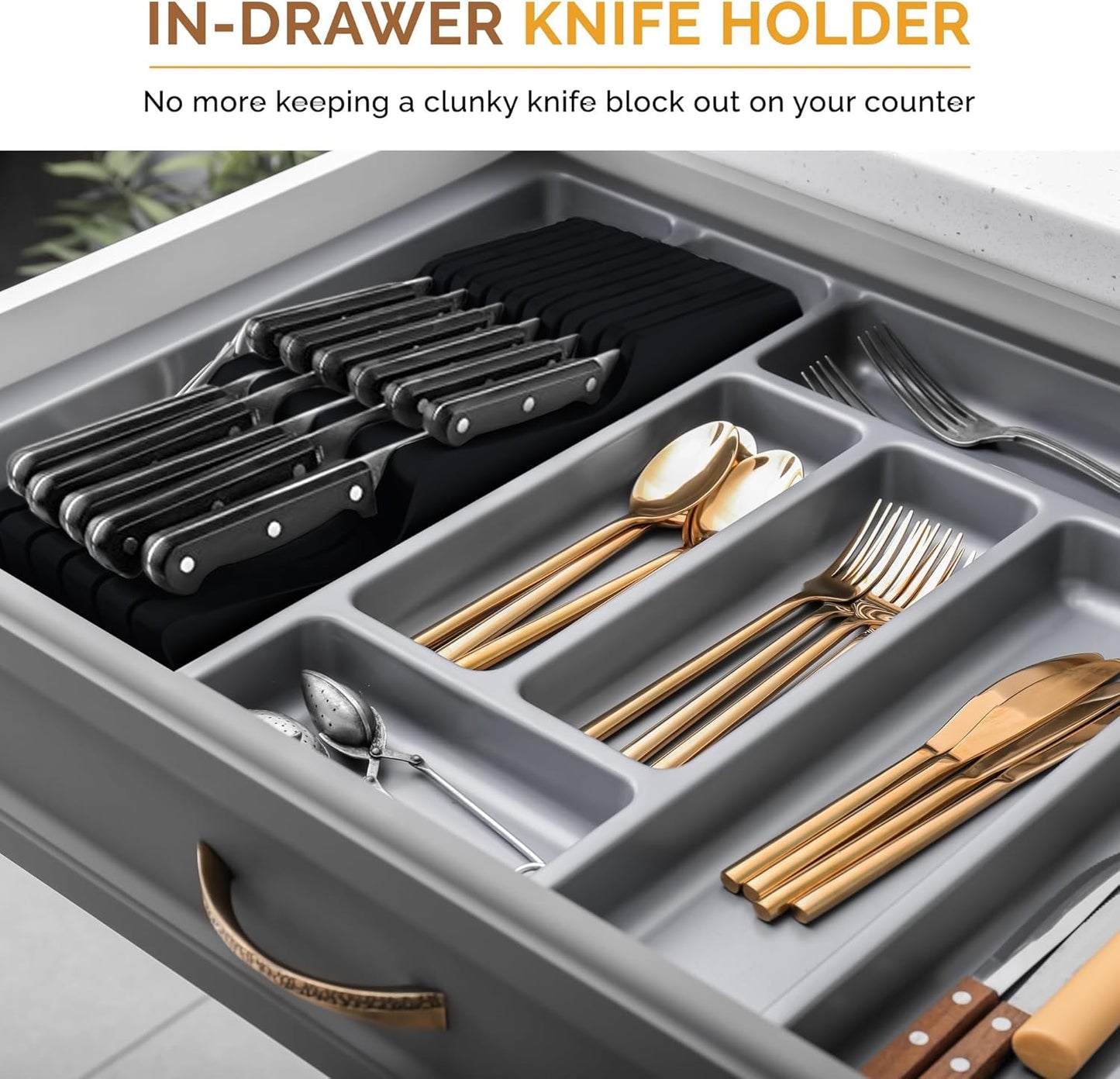 In-Drawer Knife Block - Bamboo Knife Drawer Organizer for Kitchen - Fits 5 Long + 6 Short Knives | Store Knives with Blades Pointing Down - Wooden Steak knife Holder without Knives (Black)