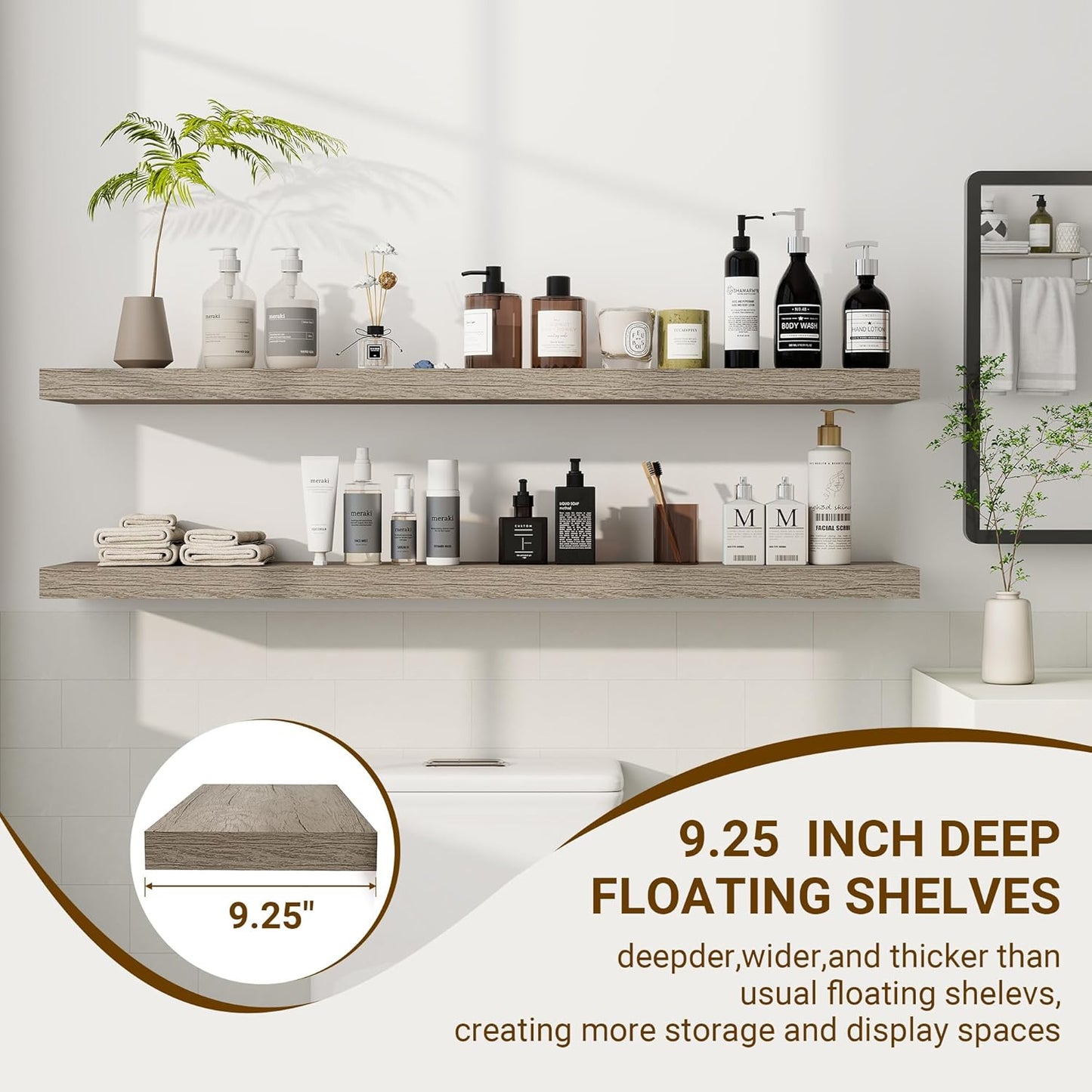 48 Inch Floating Shelves, 3D Textured Wood Grain, 48"x9.25"x1.5" Inch Deep Floating Shelves for Wall, Wooden Shelves for Bathroom, Bedroom, Living Room, Vintage Gray Oak