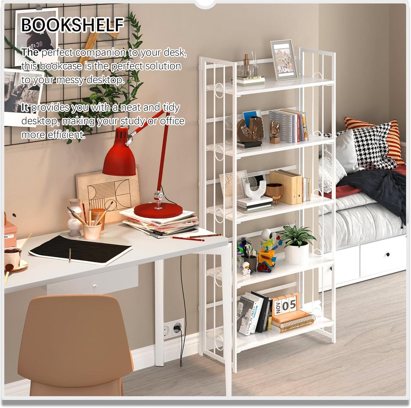 4NM No Assembly 5 Tiers Folding Bookshelf, 59.4" H Foldable Storage Shelves Vintage Bookcase Standing Racks Study Organizer Home Office - All White