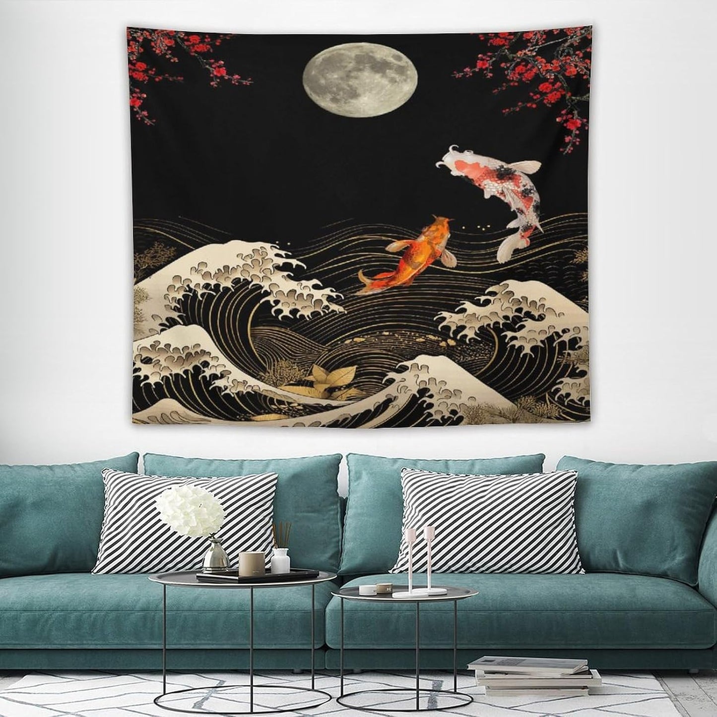Houselerax Koi Fish Tapestry, Japanese Style Yin Yang Big Wave Cherry Blossom Tapestries Wall Hanging for Bedroom Living Room Office Decor 60"x50"