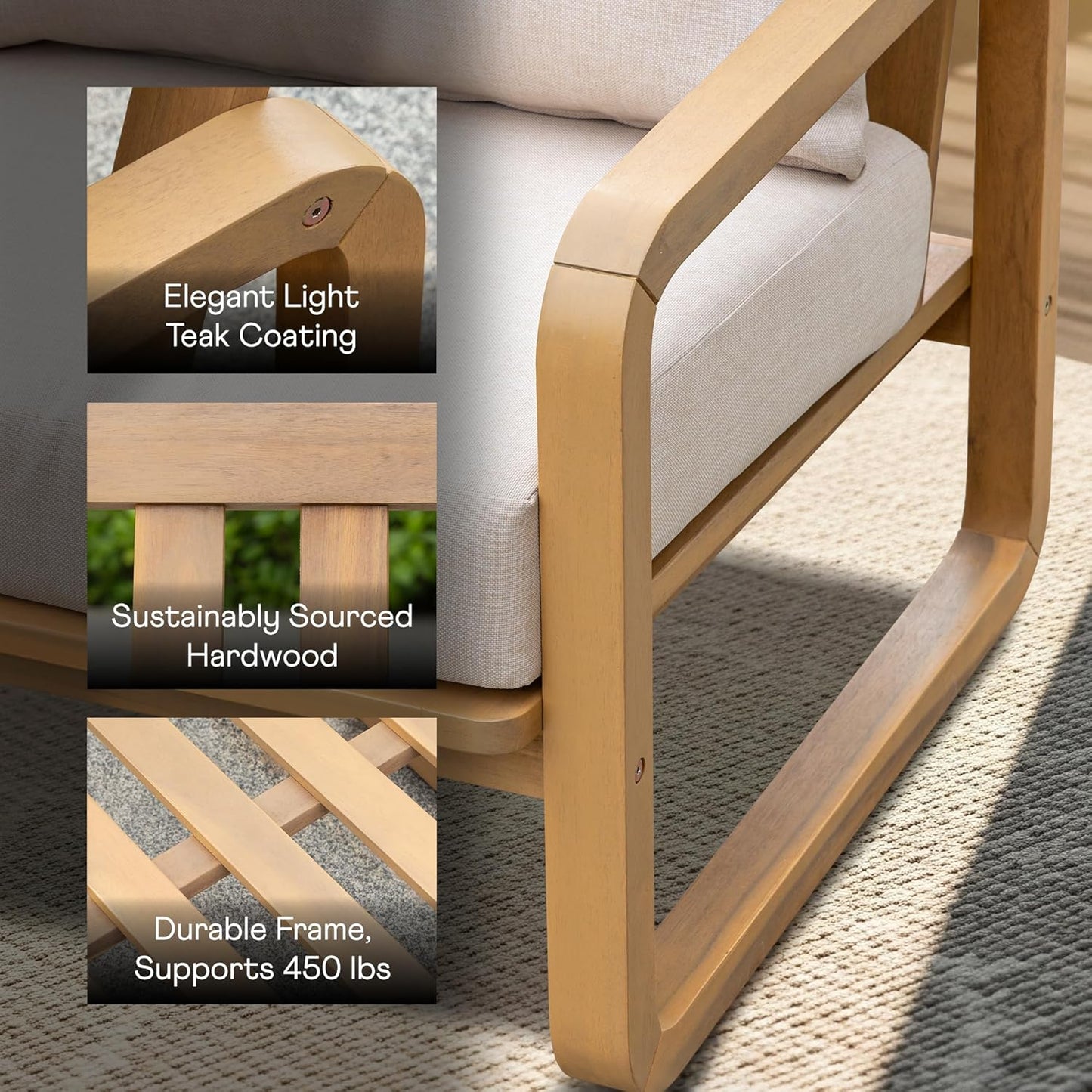 Idzo Ivy Wood Club Chair Set of 2 – Beige Fabric, Outdoor Wooden Armchair Seating with Cushions for Patio, Garden, or Balcony Relaxation