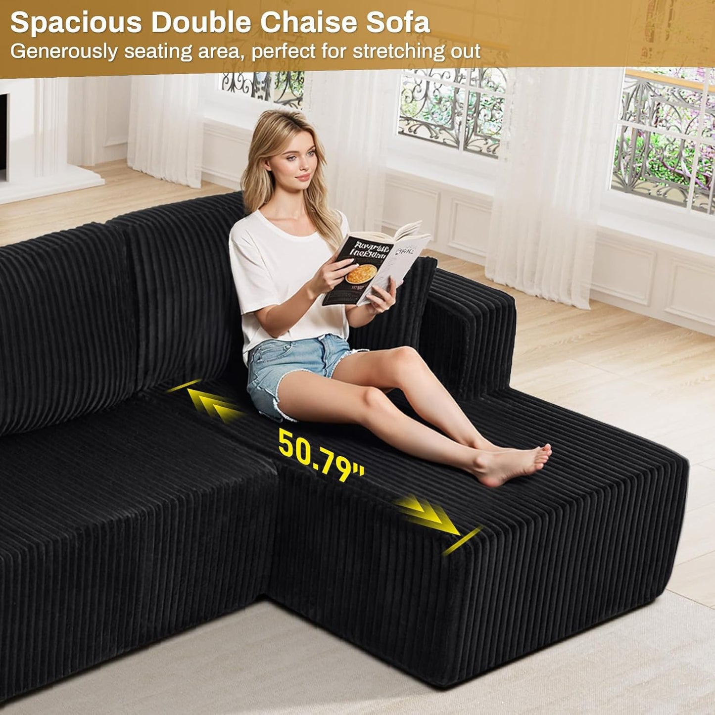 HYJT-H&K Modular Sectional Sofa Cloud Secttional Couch, 132" Comfy U Shaped Couches for Living Room, Deep Seat Memory Foam Fluffy Plush Corduroy Boneless Couch Sectionals with Chaise, Black