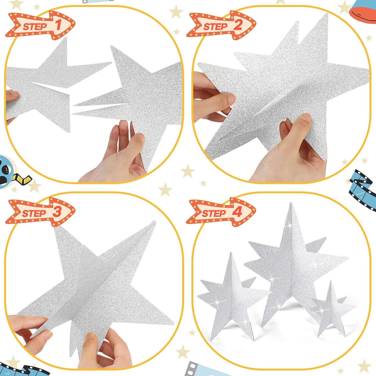 45 Pcs 3D Star Centerpieces Movie Night Decorations for Table in 3 Sizes Hanging Supplies for Red Carpet Film Show Theme Birthday New Year Party First Day of School Table Decor(Silver)