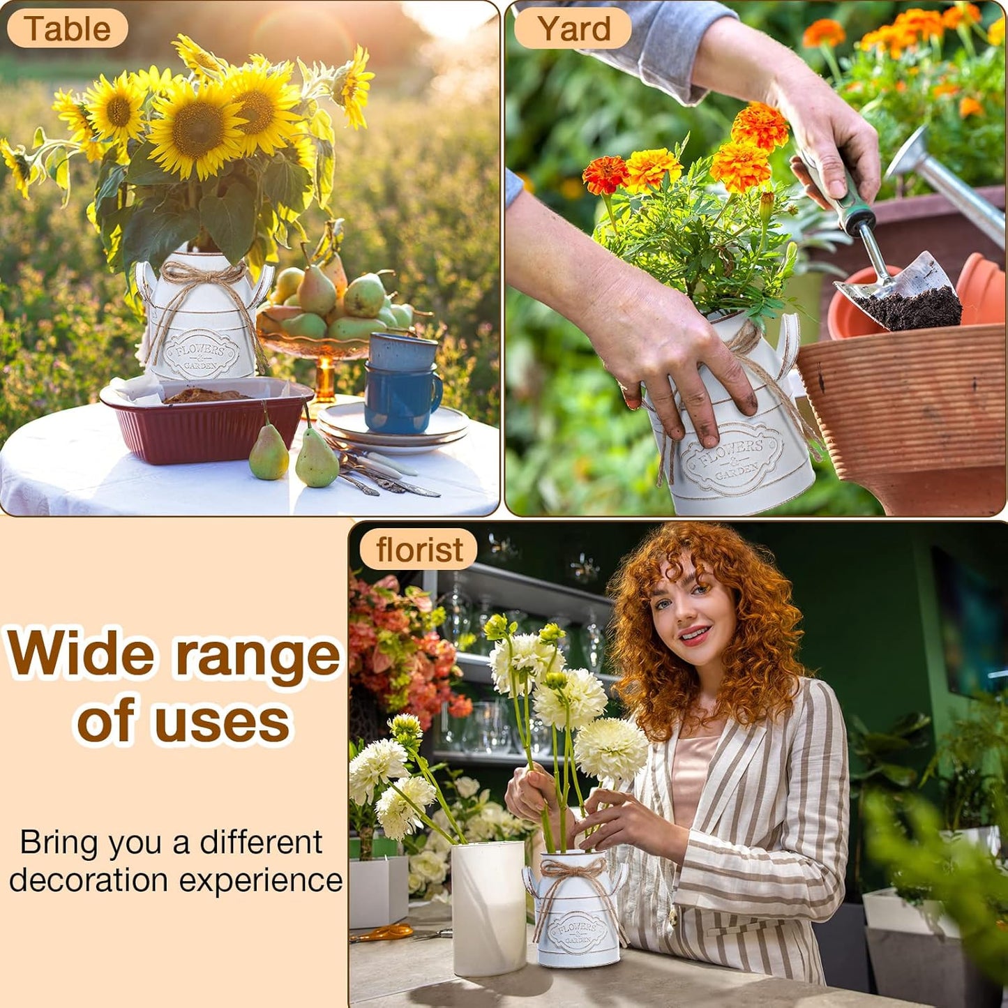 6 Inch Farmhouse Vase Decor Milk Can Vintage Flower Jug Galvanized Metal Vase with Handle Rustic Flower Buckets for Thanksgiving Christmas Table Centerpiece Weddings Gifts(Retro White,4 Pcs)