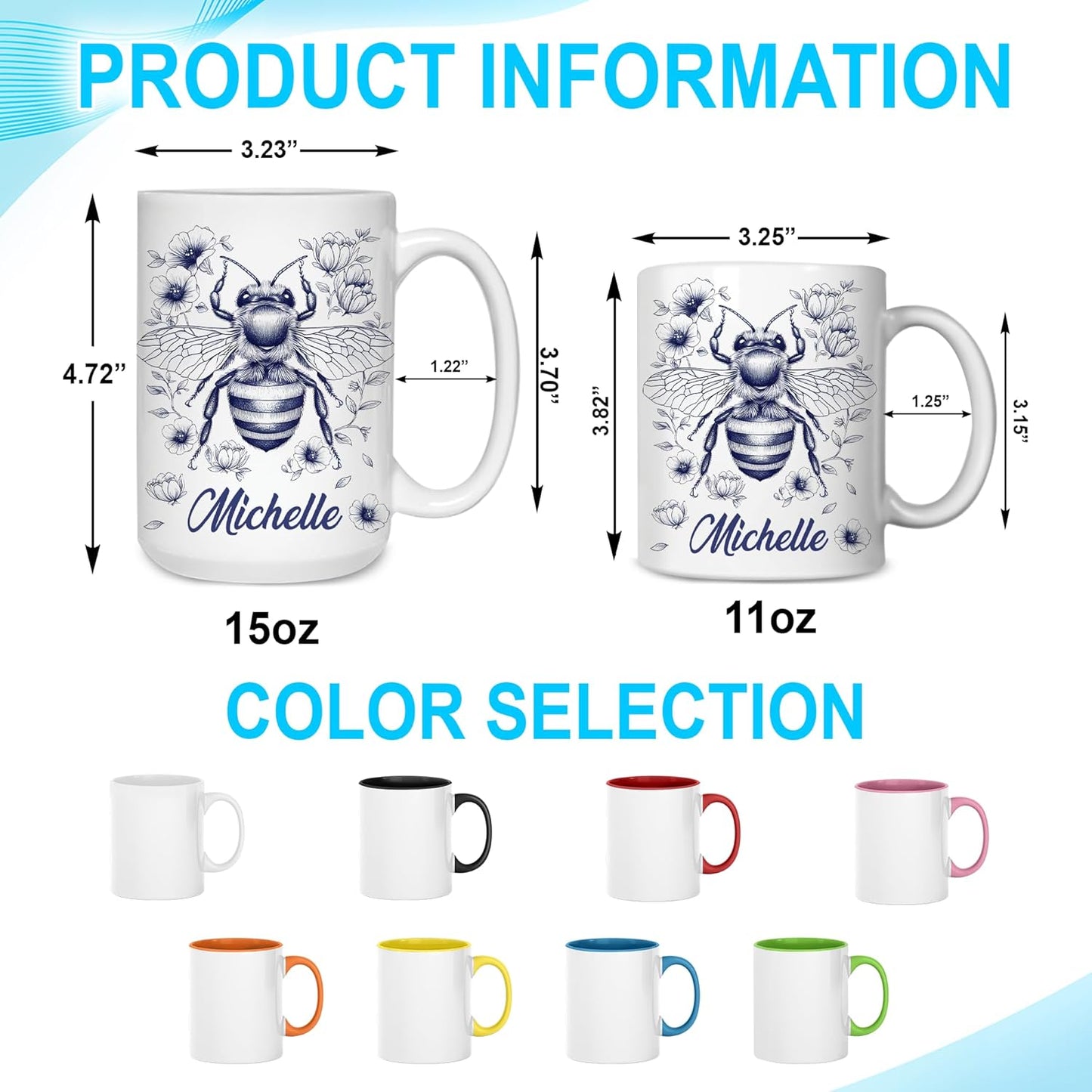 Hyturtle Personalized Floral Bee Mug - Bee Keeper Gifts For Women Lovers Teacher - Honey Gifts For Beekeeper Farmer On Birthday - Queen Honeycomb Decor - Custom Coffee Cup Ceramic Mug 11 Oz 15 Oz