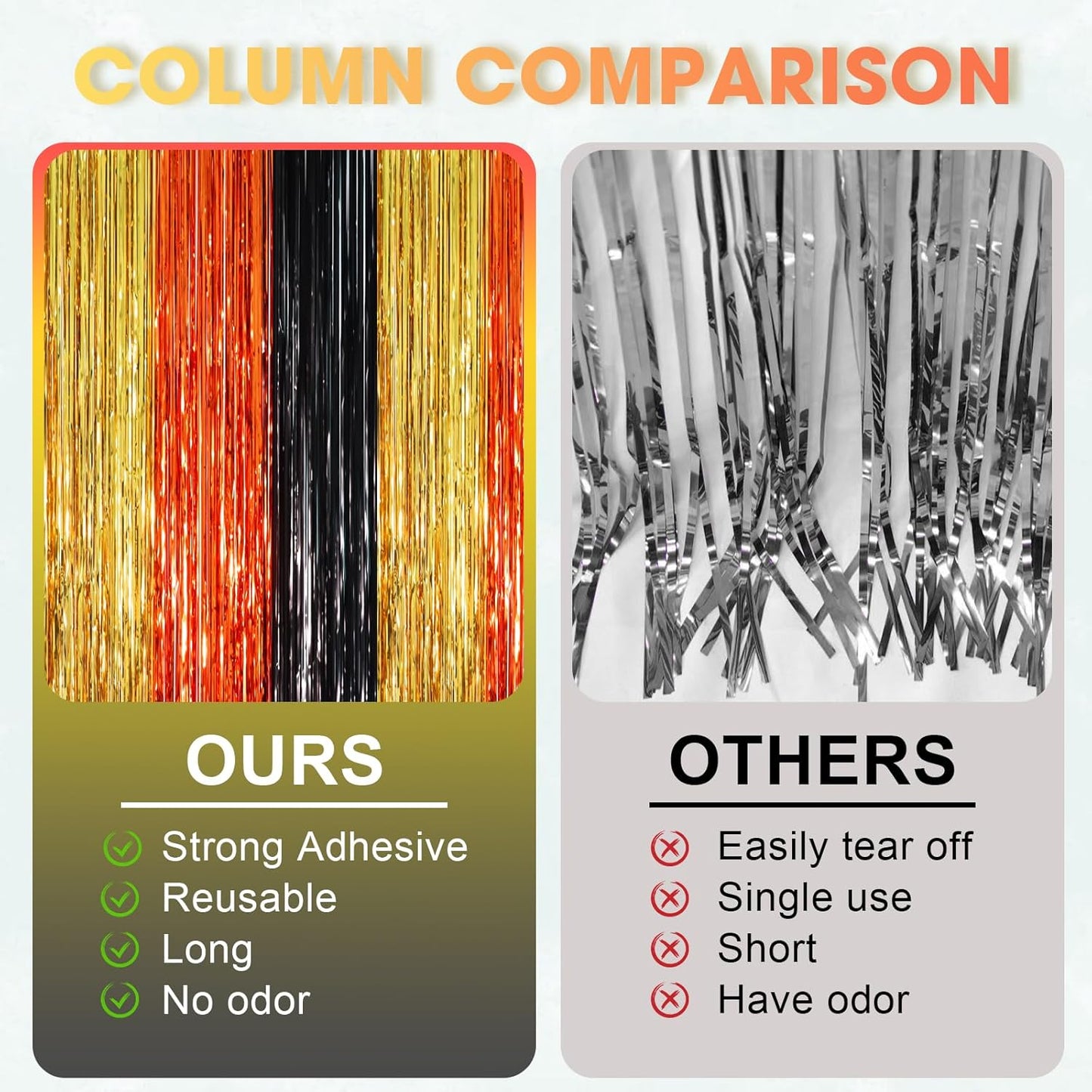 3 Pack 3.3 x 8.2 ft Black Gold Orange Foil Fringe Backdrop Curtains, Tinsel Streamers Party Decorations, Fringe Backdrop, Door Shimmer for Construction or Birthday Party