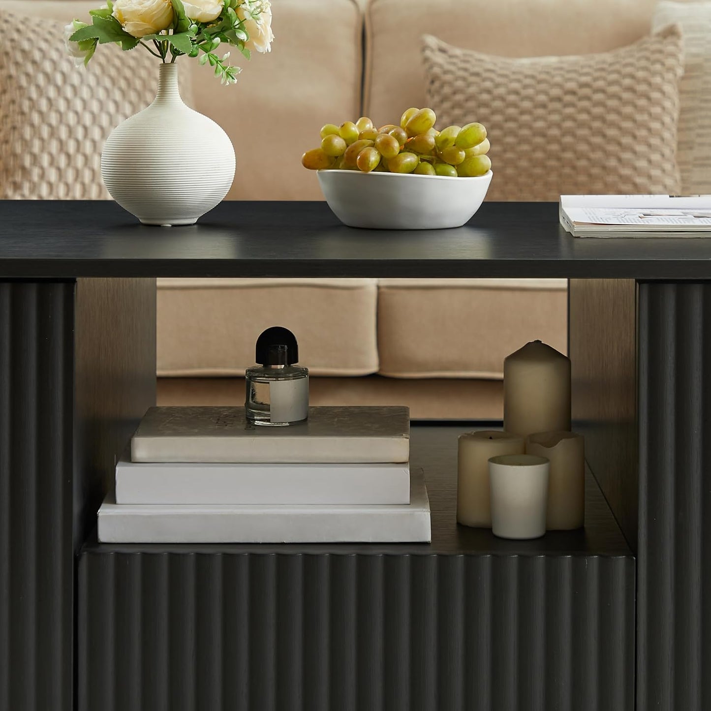 46.5" Oval Coffee Table with Drawers and Storage Mid Century Modern Fluted Solid Wood Side Coffee Tables, Luxury Tea Table Center Table for Living Rooms Offices Apartmen, Black