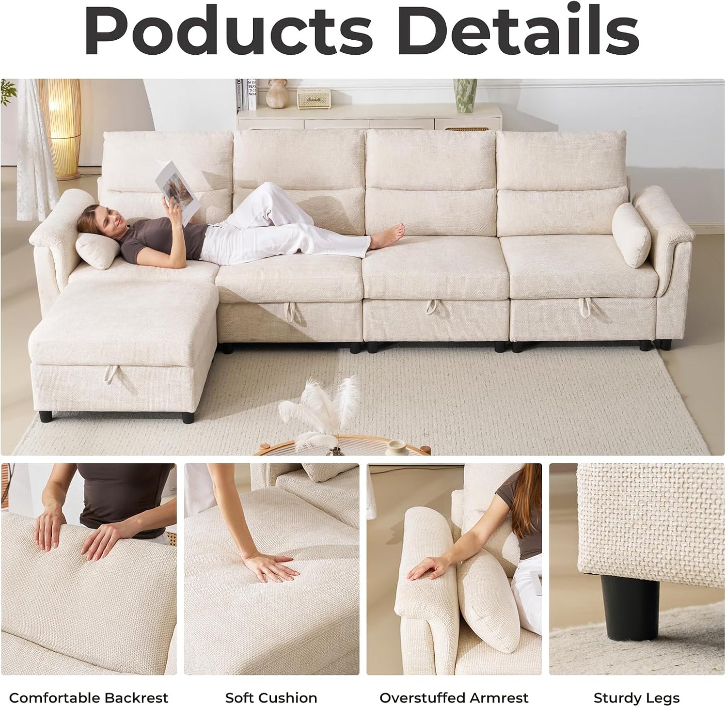 132'' Oversized Modular Sectional Sofa, L Shaped Comfy Cloud Sectional Couch with Storage, 5 Seat Extra Deep Seat Modular Sofas with Throw Pillows for Living Room, Beige