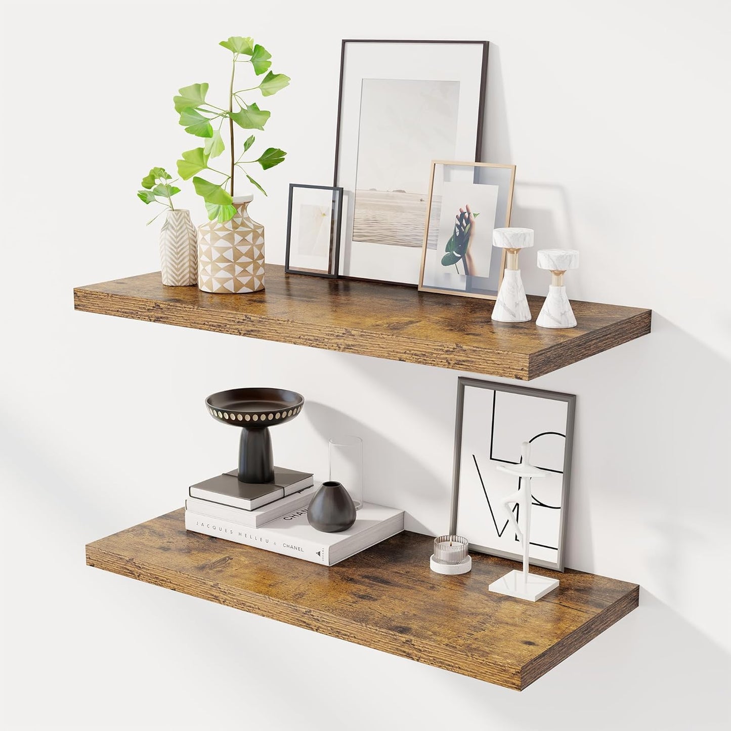 30" Floating Shelves for Wall, 12" Deep Slim Rustic Brown Floating Shelves, Wall-Mounted Shelves for Bedroom, Living Room, Kitchen, Bathroom - Set of 2