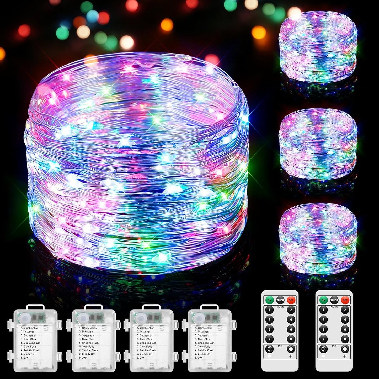 4 Pack 100 LED Fairy Lights Battery Operated with Timer & Remote, 33FT Waterproof Twinkle Lights Indoor Outdoor, Fairy String lights for Bedroom Classroom DIY Wedding Christmas Decorations, Multicolor