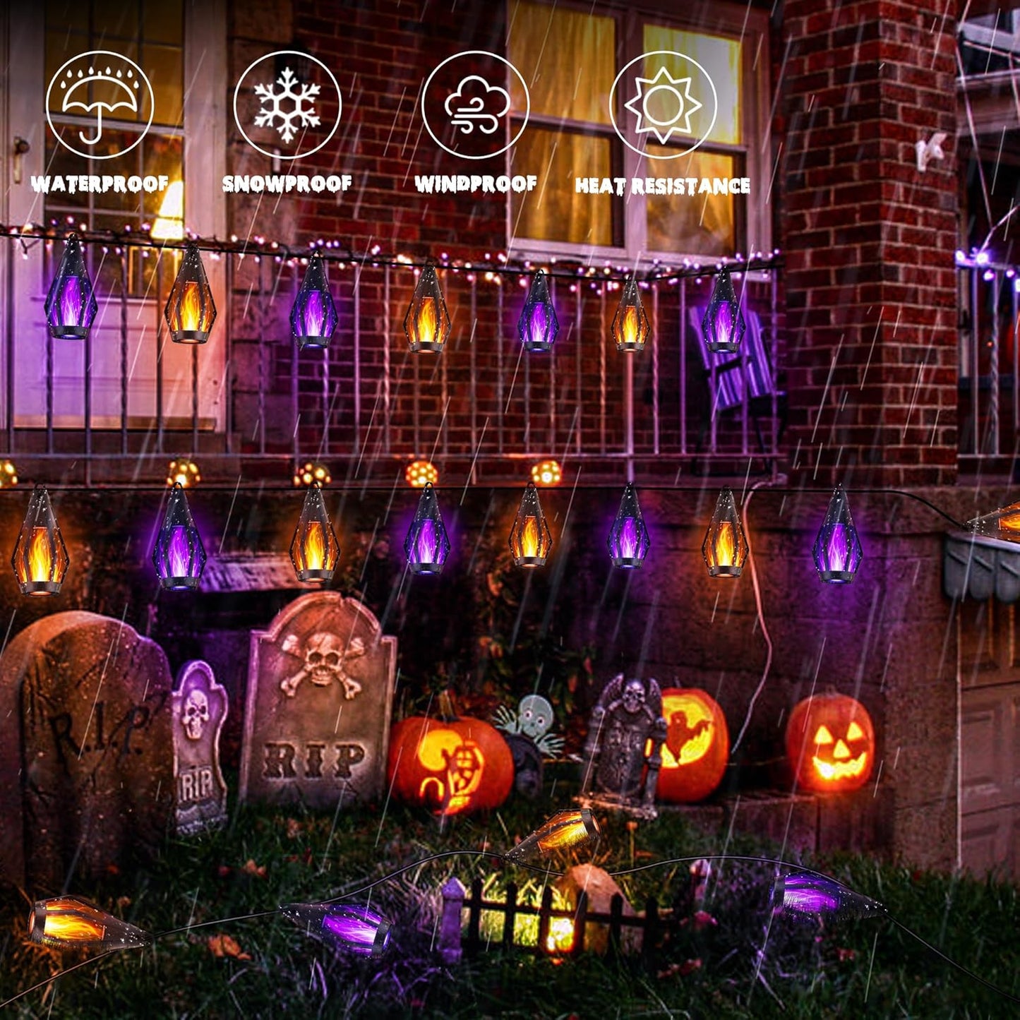 iBaycon Solar Halloween Lights, 42Ft 15 LED Bulbs Flickering Flame String Light, Outdoor Waterproof Solar Flame Lights for Garden Yard Patio Halloween Decorations (Warm White + Purple)