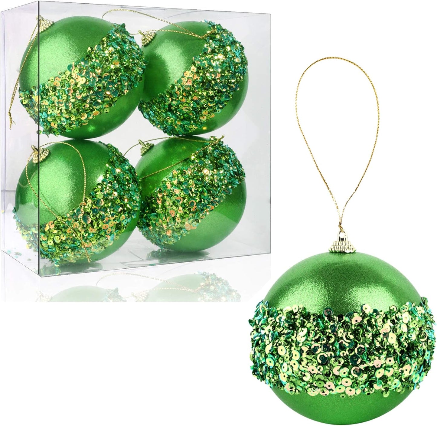 4" Christmas Ball Ornaments, 4pc Set Green Shatterproof Christmas Decorations Tree Balls for Xmas Trees Wedding Party Holiday Decorations
