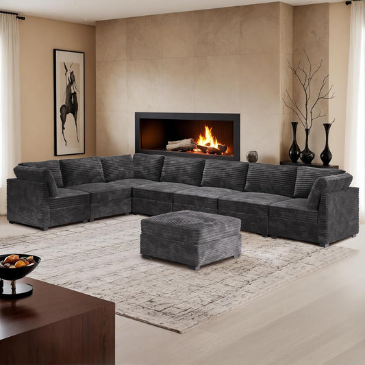 HOOOWOOO Modular Sectional Sofa,8 Pieces Sectional Couches for Living Room,164X66 L Shaped Cloud Couch with Ottoman Chaise Set(Grey Velvet Corduroy)