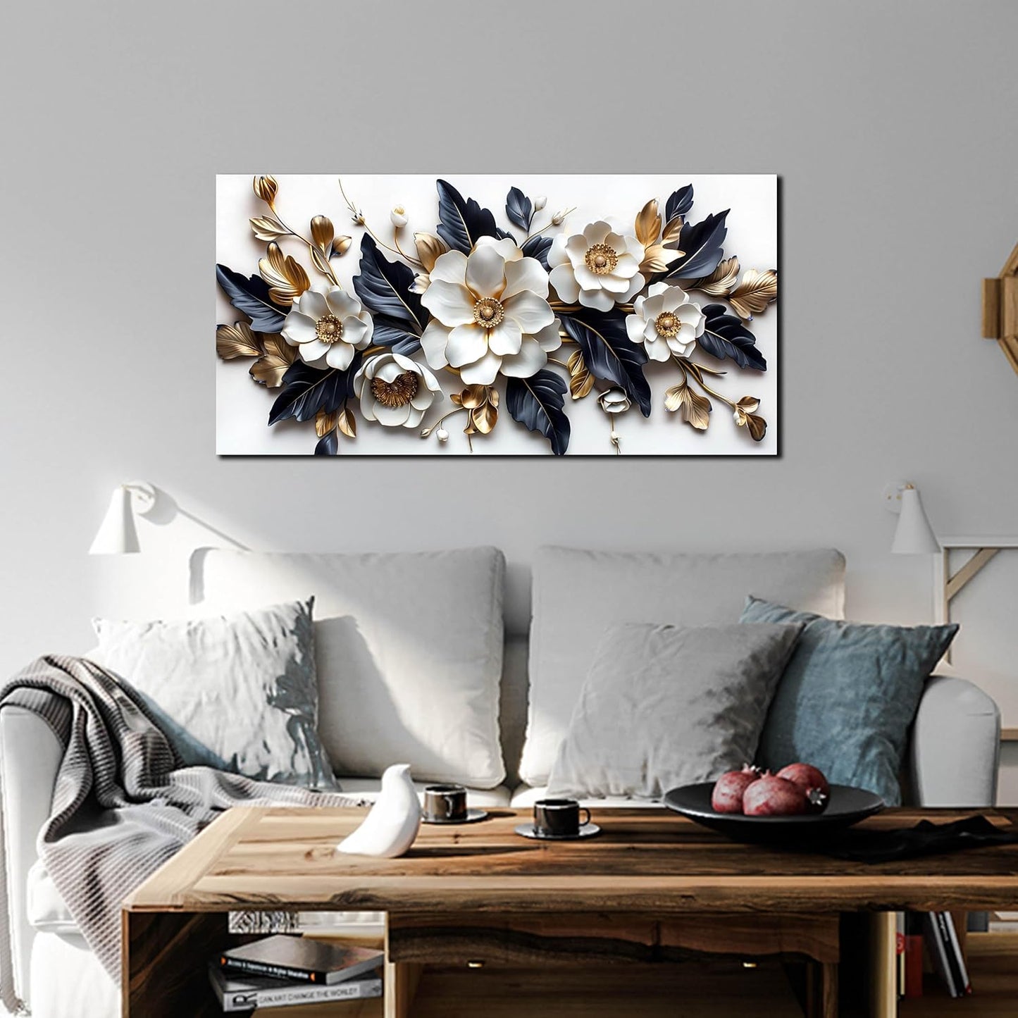 HUBOSKN Flower Pictures Wall Decor for Living Room - Blue White and Gold Wall Art for Bedroom - Modern Wall Decor for Bedroom Women Size 20" x 40"