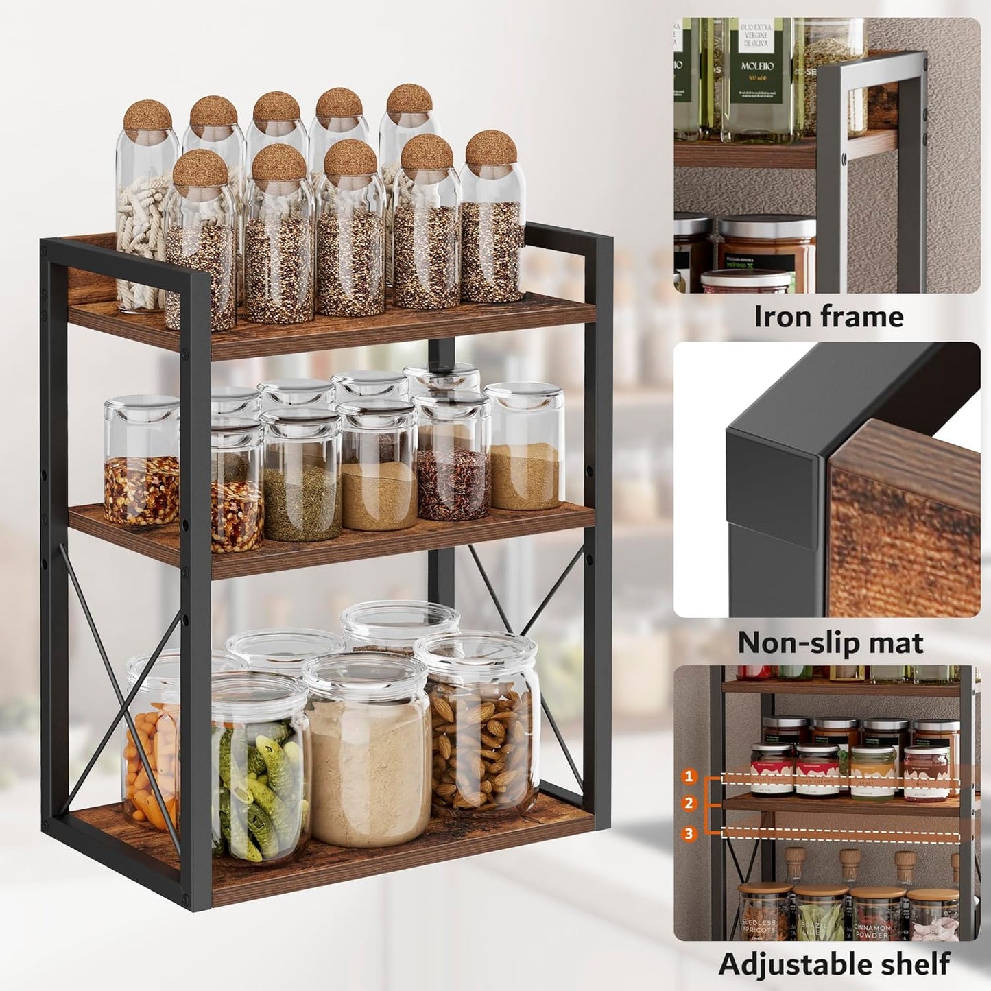3-Tier Kitchen Spice Rack Organizer for Countertop, Coffee Counter Shelf, Mug Shelf, Bathroom Counter Organizer, Makeup Organizer, Rustic Brown and Black
