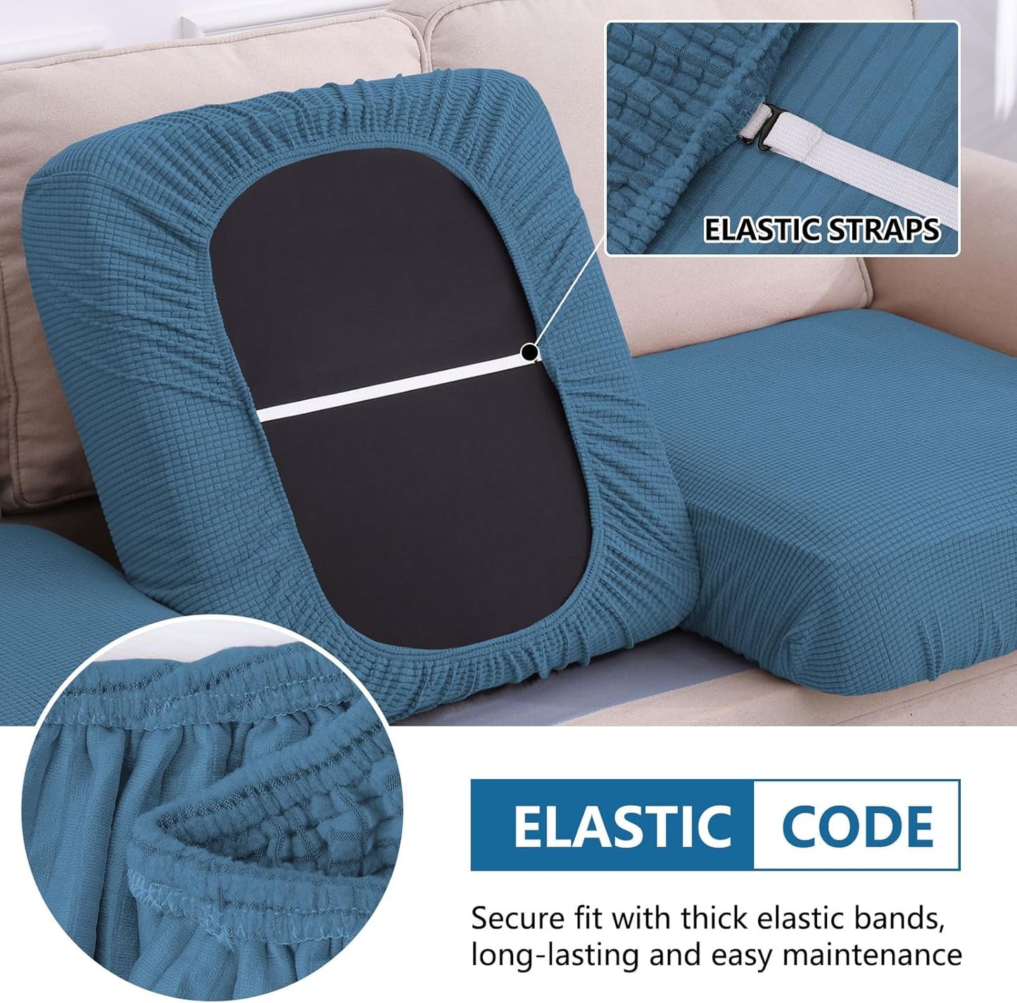 hyha Waterproof Couch Cushion Covers for Pets, Non Slip Sofa Seat Cover for Dogs Washable, Soft Thick Stretch Jacquard Fabric, Sofa Slipcovers with Elastic Bottom (1 Piece for Large, Blue)