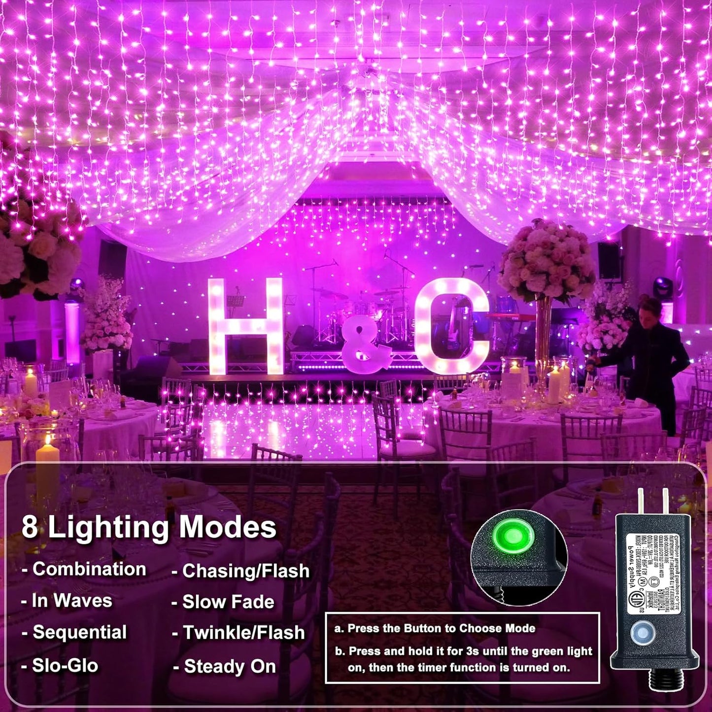 Icicle Lights for Outside, 33FT 400 LED Christmas Lights Outdoor Indoor with 8 Modes 75 Drops, Waterproof Plug in Curtain Twinkle String Light for Home Roof Yard Window Patry Wedding Decor, Pink