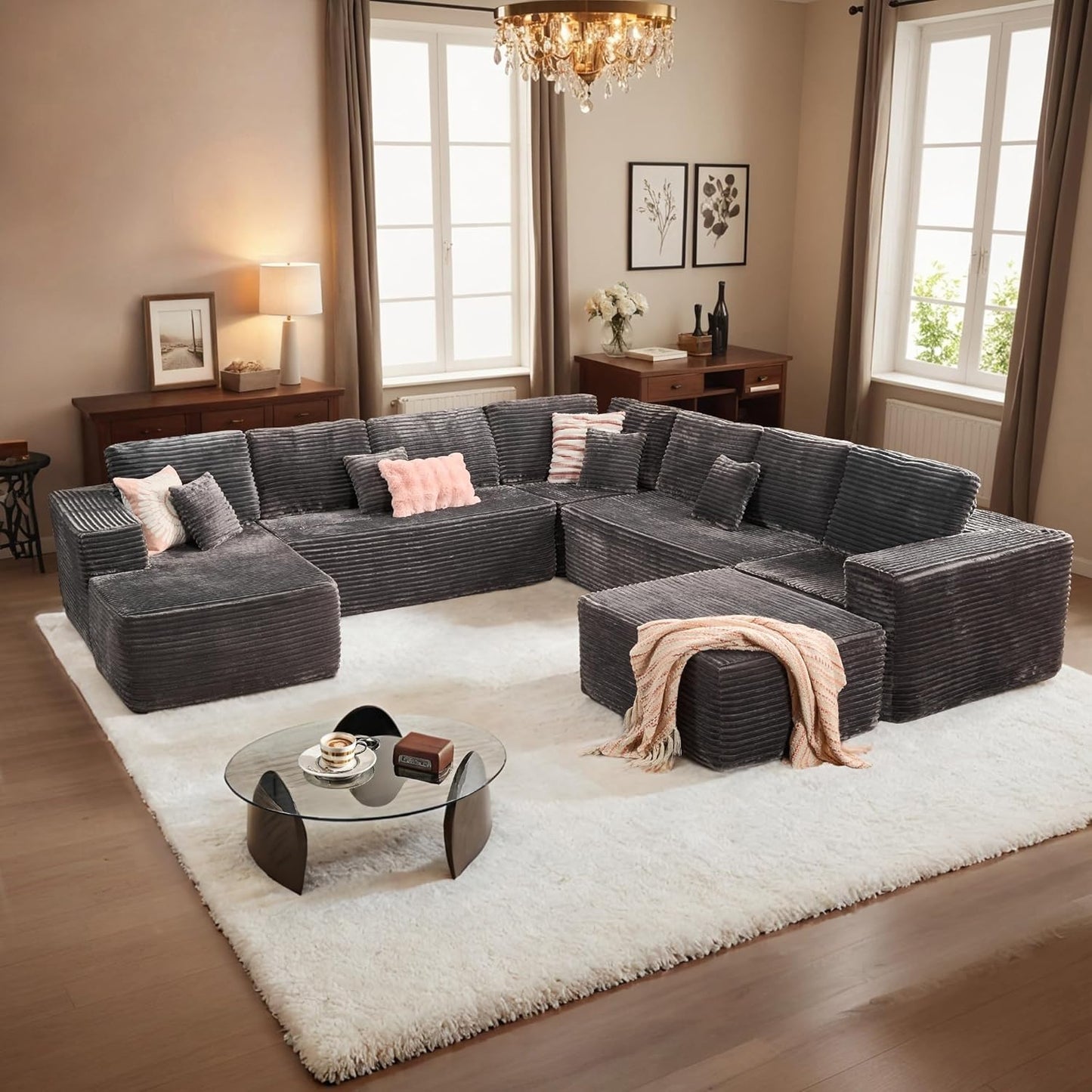 HOOOWOOO Cloud Sectional Couches for Living Room,Modular Sectional Sofa No Assembly,136X133 Inch Plush Corduroy Large G Shaped Floor Couch Set with Deep Seat Chaise Ottoman(Gray)