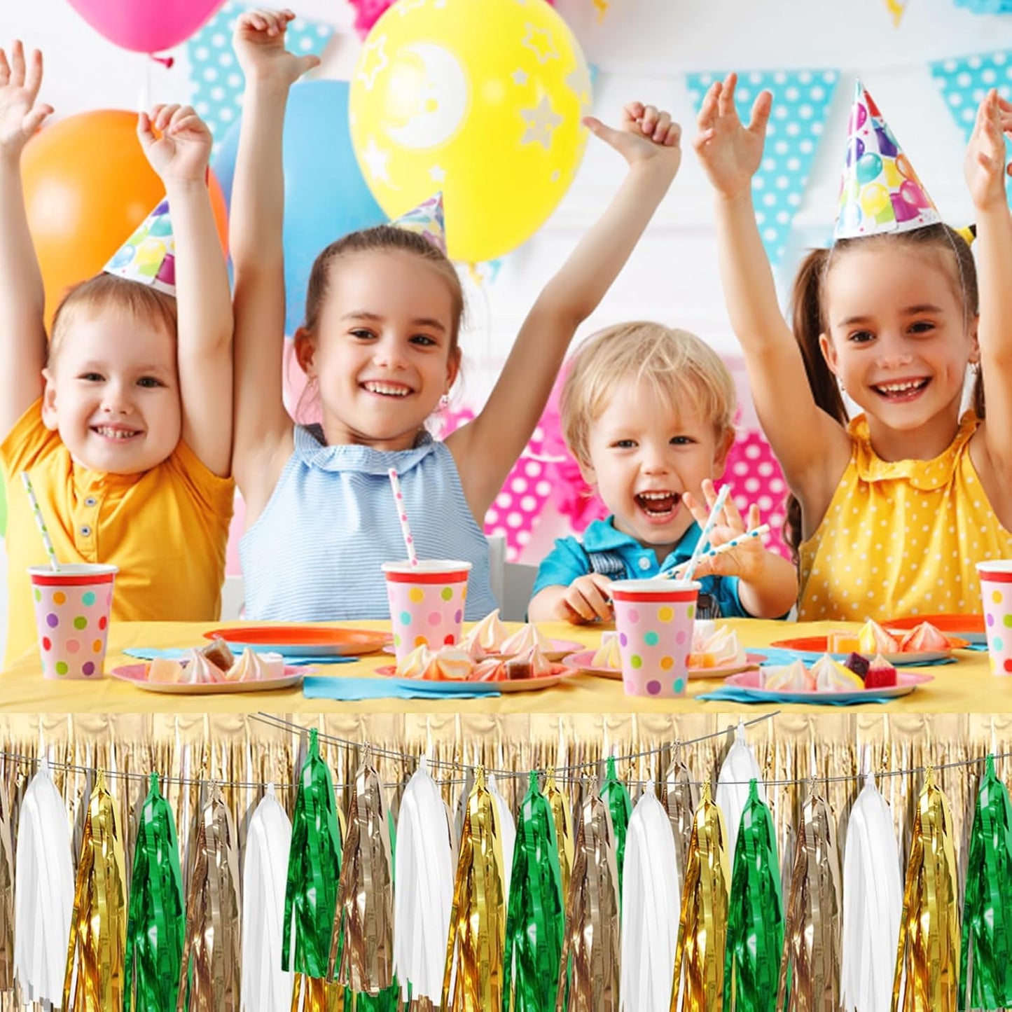 3P Sage-Green Beige-Mint Gold Foil Fringe Metallic Tassel Garland Banner, Tassels Banner Streamers for Parade Floats, Bachelorette, Wedding, Birthday, Christmas, Bridal/Baby Shower Party Decorations