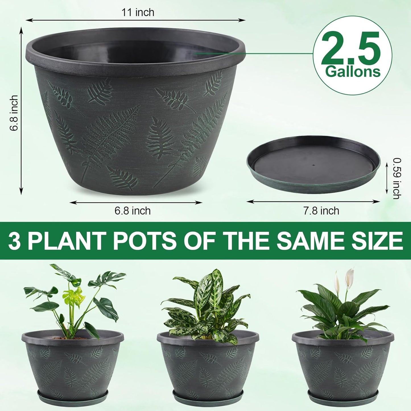 11 inch Plant Pot Set of 3, Plastic Flower Pots with Drainage Hole & Tray, Decorative Round Planters for Indoor Plants, Modern Outdoor Home Flowers Plants Garden Pots (Green)