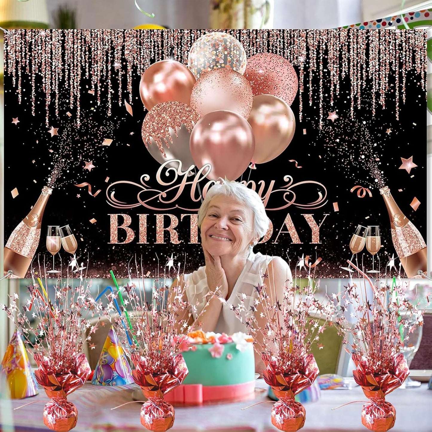 6 Pack Metallic Foil Spray Centerpiece Star Table Decoration Burst Table Centerpieces for Birthday Wedding Anniversary Graduation Holiday Party Supplies Decor, Rose Gold