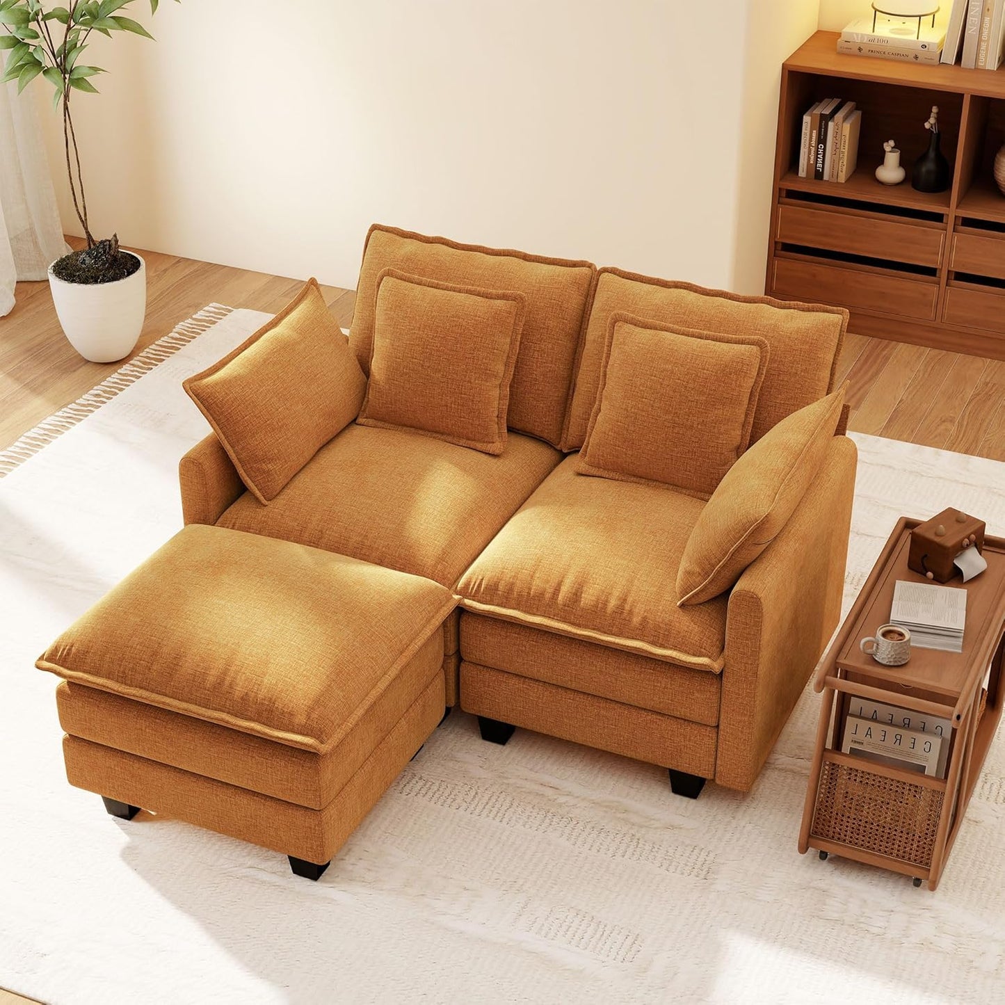 Ihanherry 57" L Shaped Modular Sectional Cloud Sofa, Modern 3 Seat Chenille Couch with Ottoman for Living Room, Bedroom and Apartment, Orange