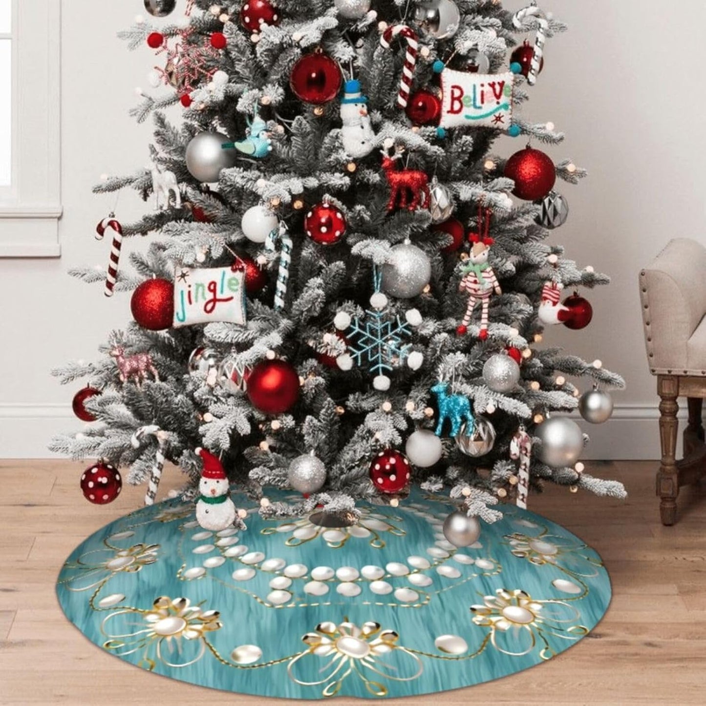 36" Christmas Tree Skirt with Elegant Aqua Pearl Christmas Angel Pattern Turquoise Tree Mat Base Cover for Xmas Festive Holiday Party Decoration Ornaments