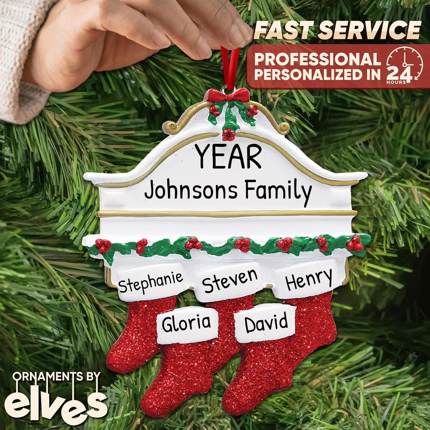3D White Mantle Family of 5 Christmas Ornament 2025 Personalized Family Christmas Ornaments 2025 | Garland Fireplace Personalized Tree Ornaments Customizable Gifts Red Stockings of Five Ornament