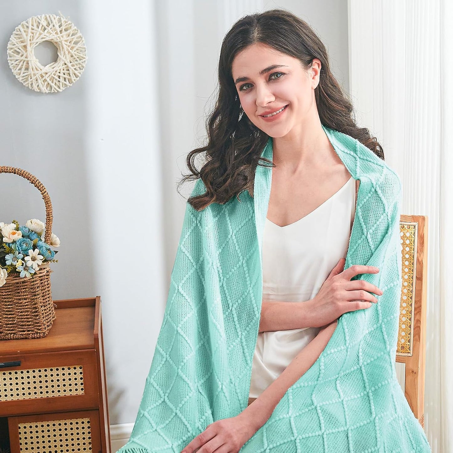 inhand Knitted Throw Blanket for Couch and Bed, Soft Living Room Home Decor Knitted Blanket with Tassel, Outdoor Lightweight Breathable Summer Blanket, Farmhouse Warm Woven Decorative, 50"x60"