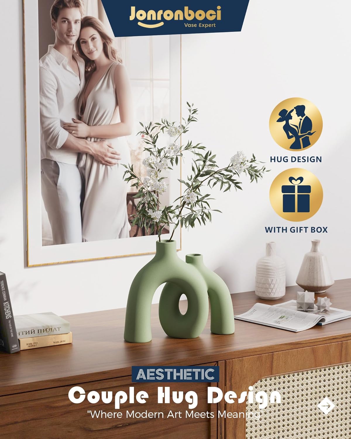 Hug Donut Decorative Vase Set - Sage Green Modern Nordic Boho Style Vases Home Decor,Matte Ceramic Decorations for Living Room Shelf, Bookshelf Mantle Entryway Table or Console Décor(Green)