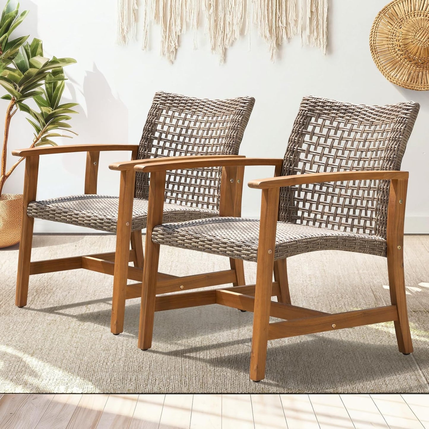 IDZO Liberte Accent Chairs Set of 2, 500lbs Weight Support, Acacia Wood, FSC Teak Finish, UV Protected, Dynamic Gray Wicker, Ideal for patios and Gardens